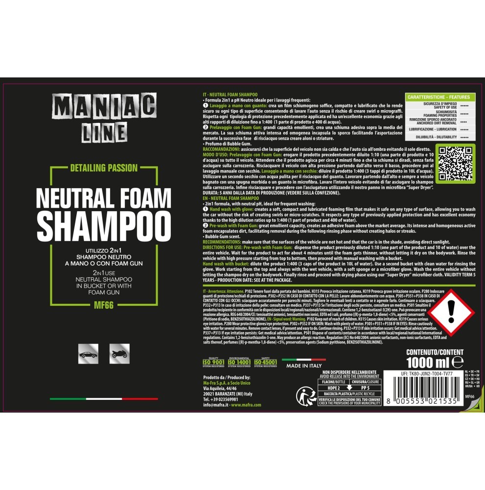 MAFRA MANIAC LINE Neutral Foam Shampoo Doğal Araç Yıkama Şampuanı 1000 ML