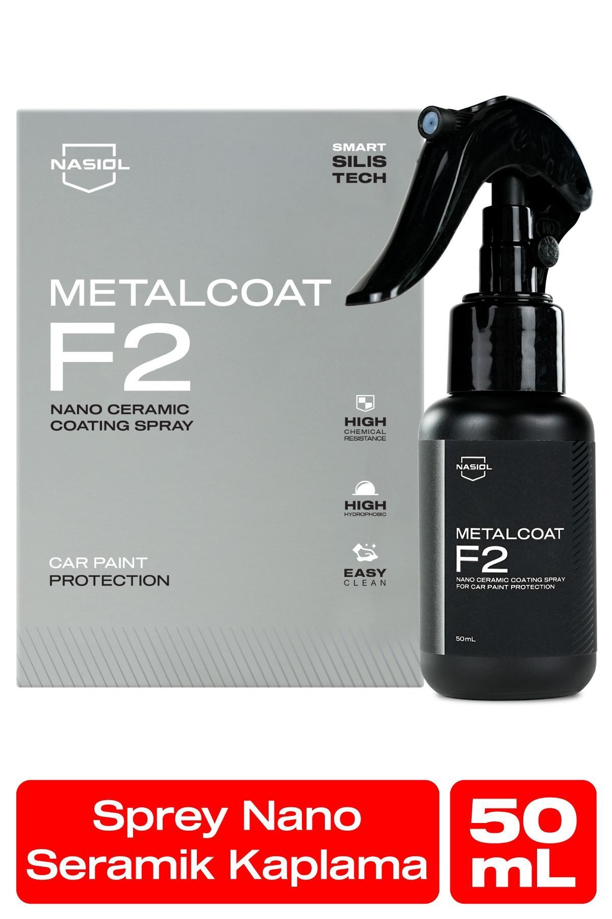 Nasiol Metalcoat F2 Araç Sprey Nano Seramik Kaplama ve Boya Koruma-1 Yıl Dayanım-50ml-Su,Leke İtici