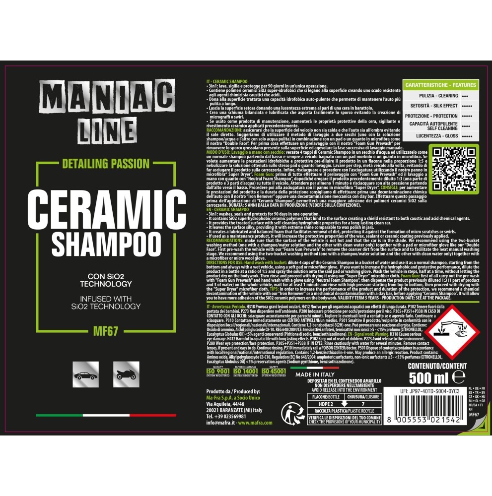MAFRA MANIAC LINE Ceramic Shampoo Seramikli Araçlar İçin Şampuan 500 ML