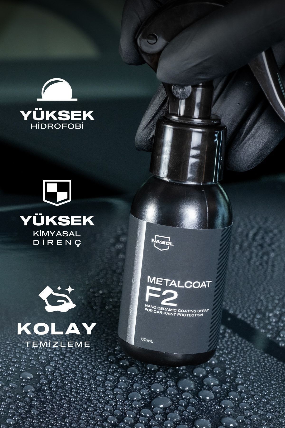 Nasiol Metalcoat F2 Araç Sprey Nano Seramik Kaplama ve Boya Koruma-1 Yıl Dayanım-50ml-Su,Leke İtici