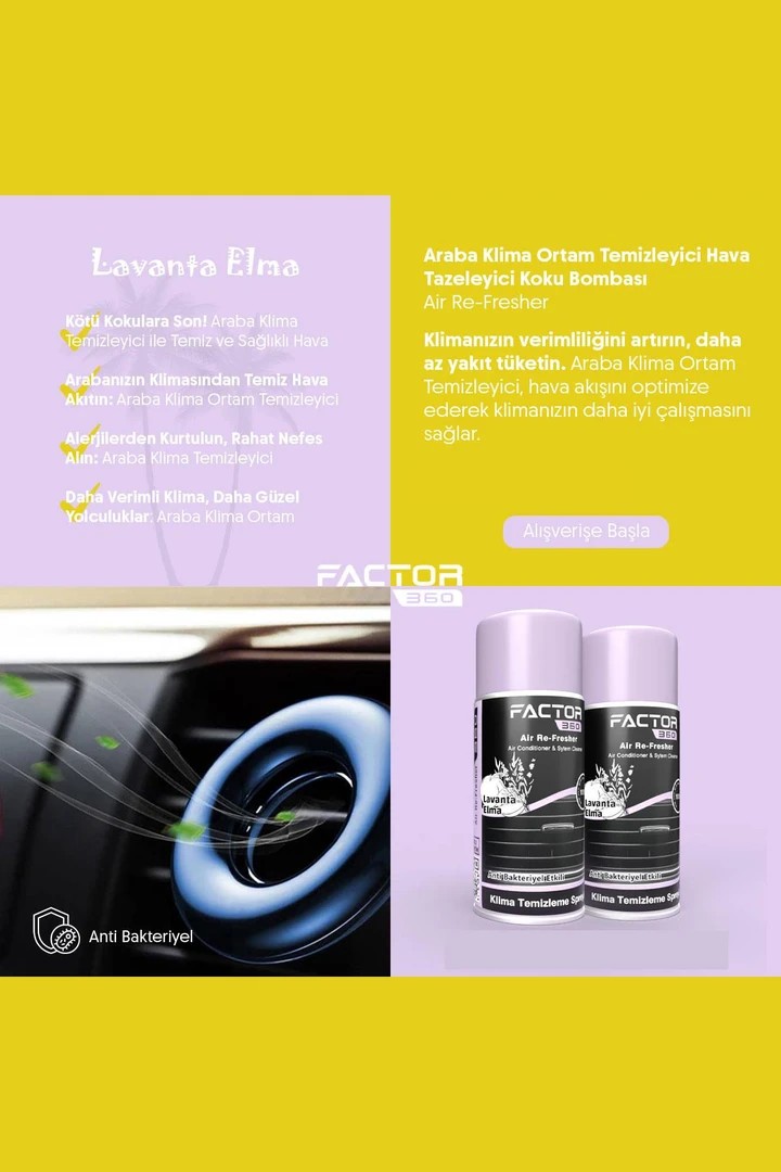 Araba Klima Ortam Temizleyici Hava Tazeleyici Koku Bombası | Air Re-Fresher Lavanta Elma 150ml