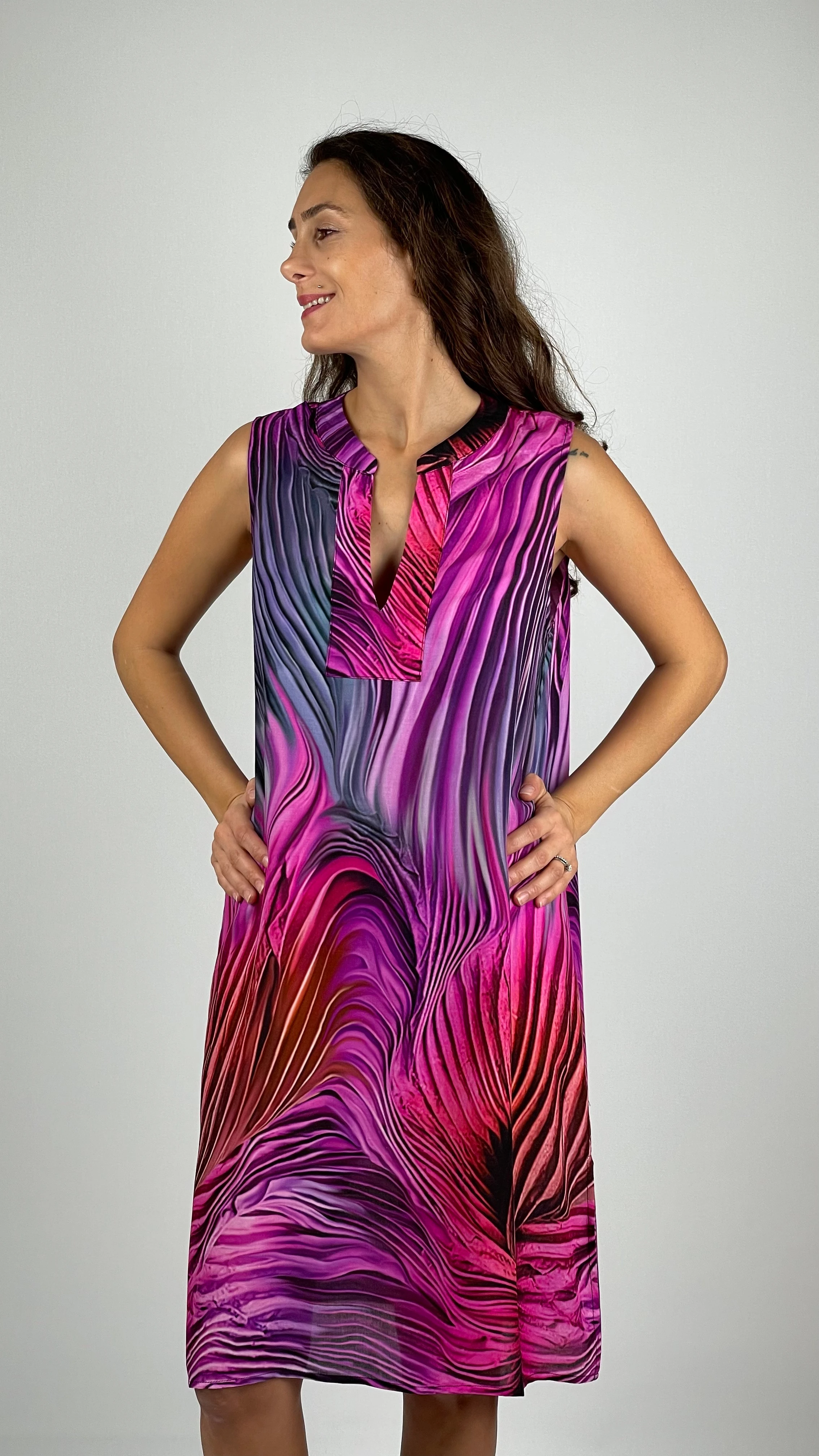 SOPHIA  V Yaka  Kolsuz  Midi Boy  Viskon  Elbise - Fuşya Antrasit