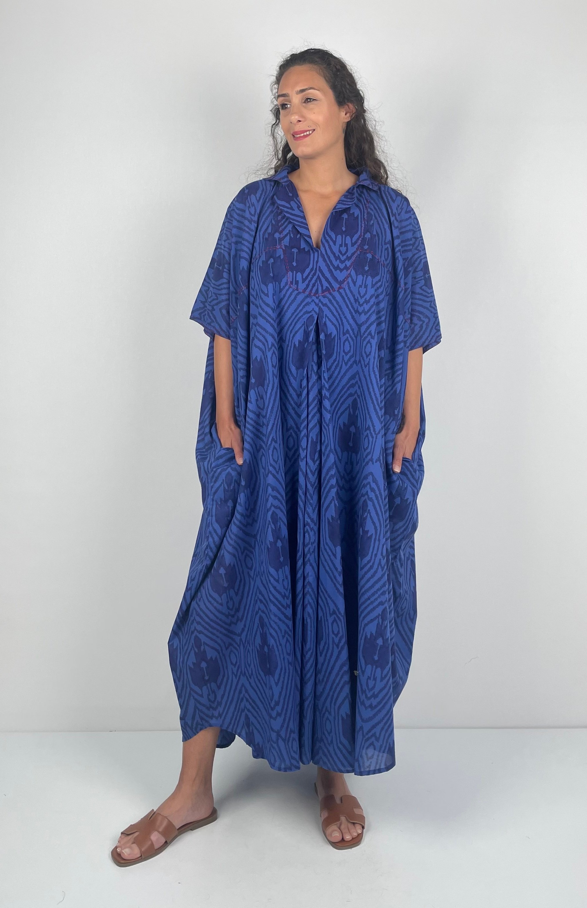 HERA UZUN Kaftan Desenli El Baskısı Müslin Oversize  Midi Boy  ( Hand Blok Print )