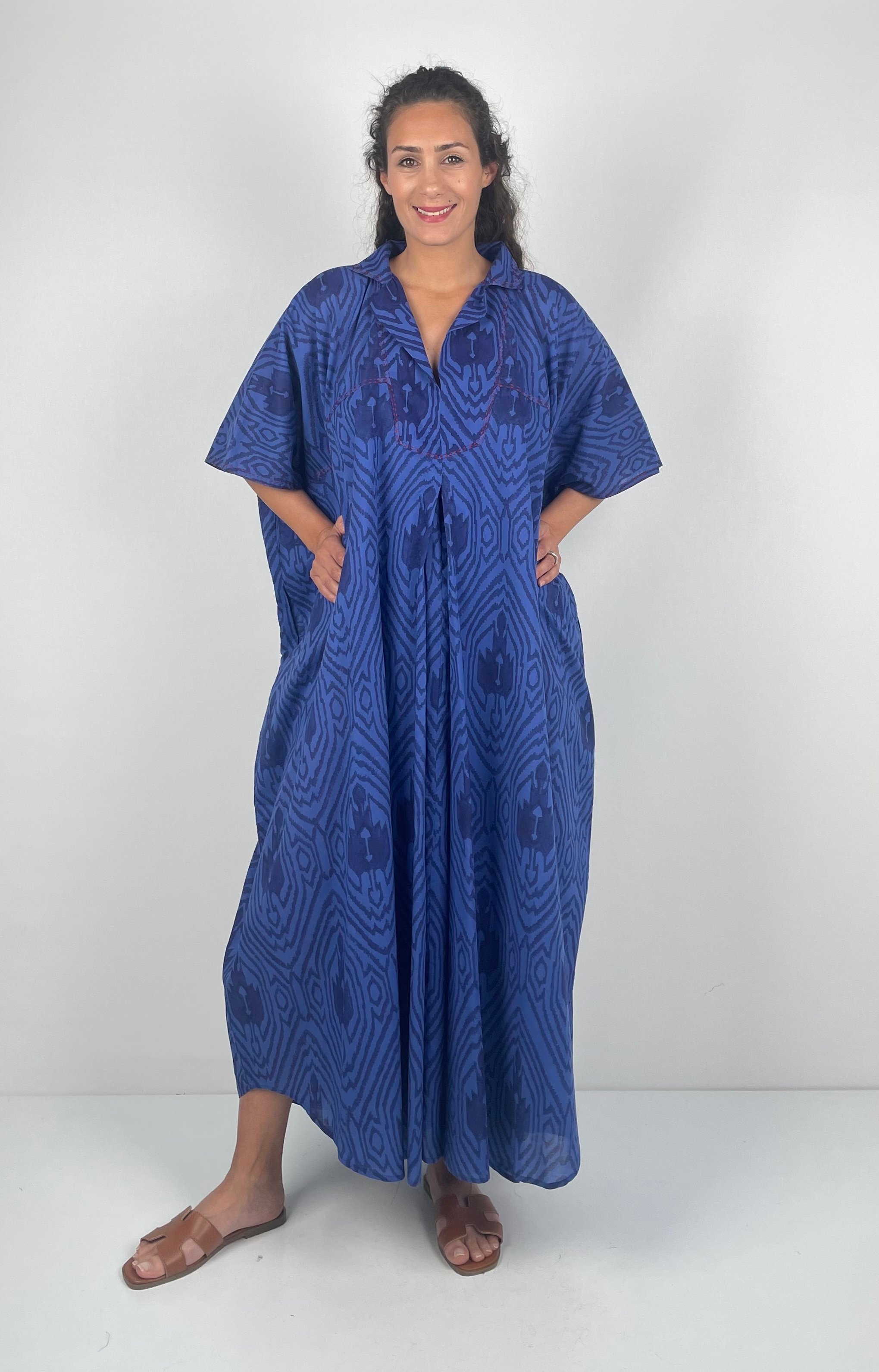 HERA UZUN Kaftan Desenli El Baskısı Müslin Oversize  Midi Boy  ( Hand Blok Print )