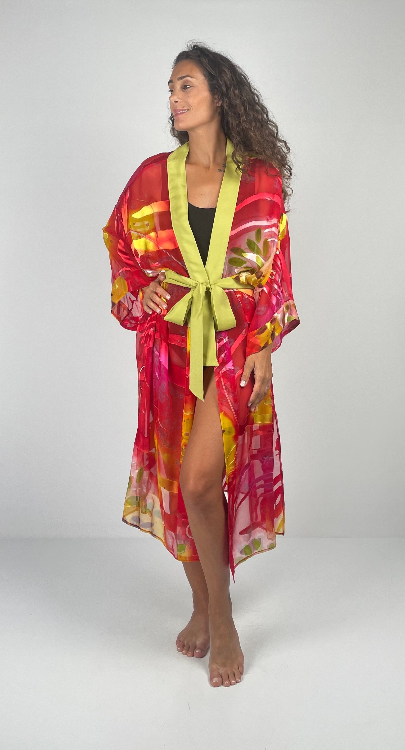 AURORA  Kemerli  Geniş  Kollu  Uzun  Yakma İpek  Kimono - Açık Yeşil Kırmızı Sarı