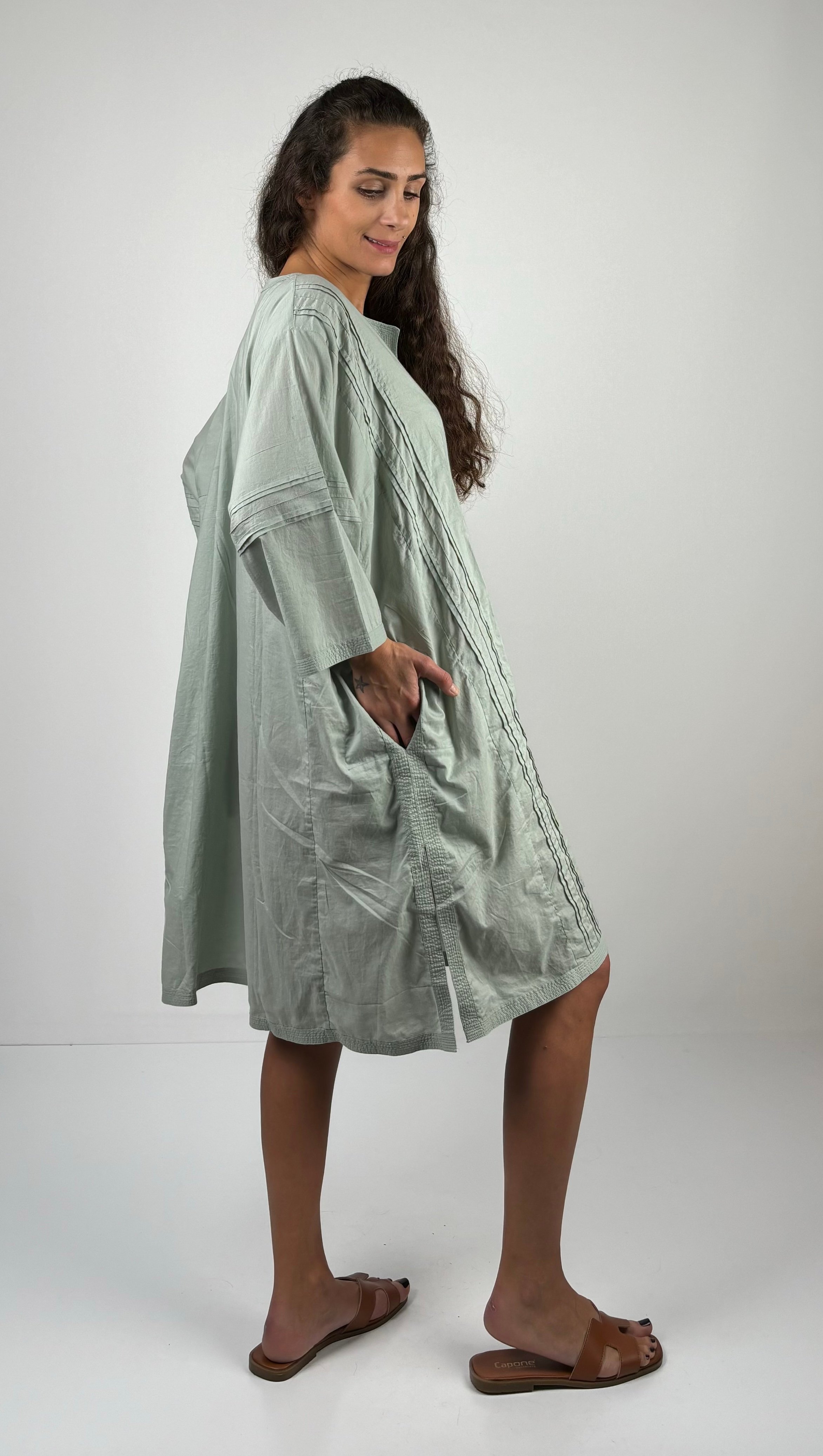 Anokhi Turvakar Kol Düz Renk Nervürlü Oversize Müslin Tunik Elbise