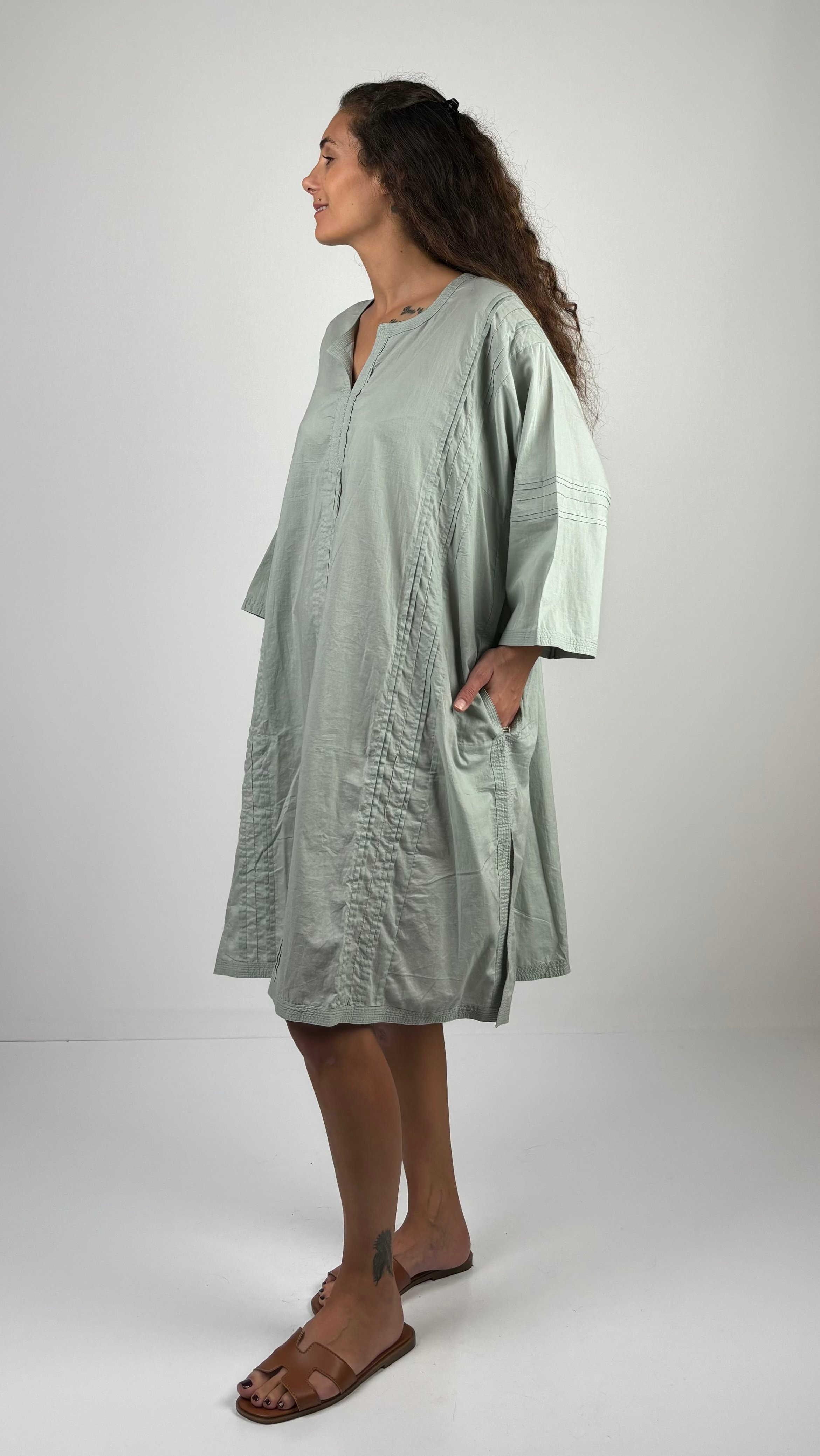 Anokhi Turvakar Kol Düz Renk Nervürlü Oversize Müslin Tunik Elbise