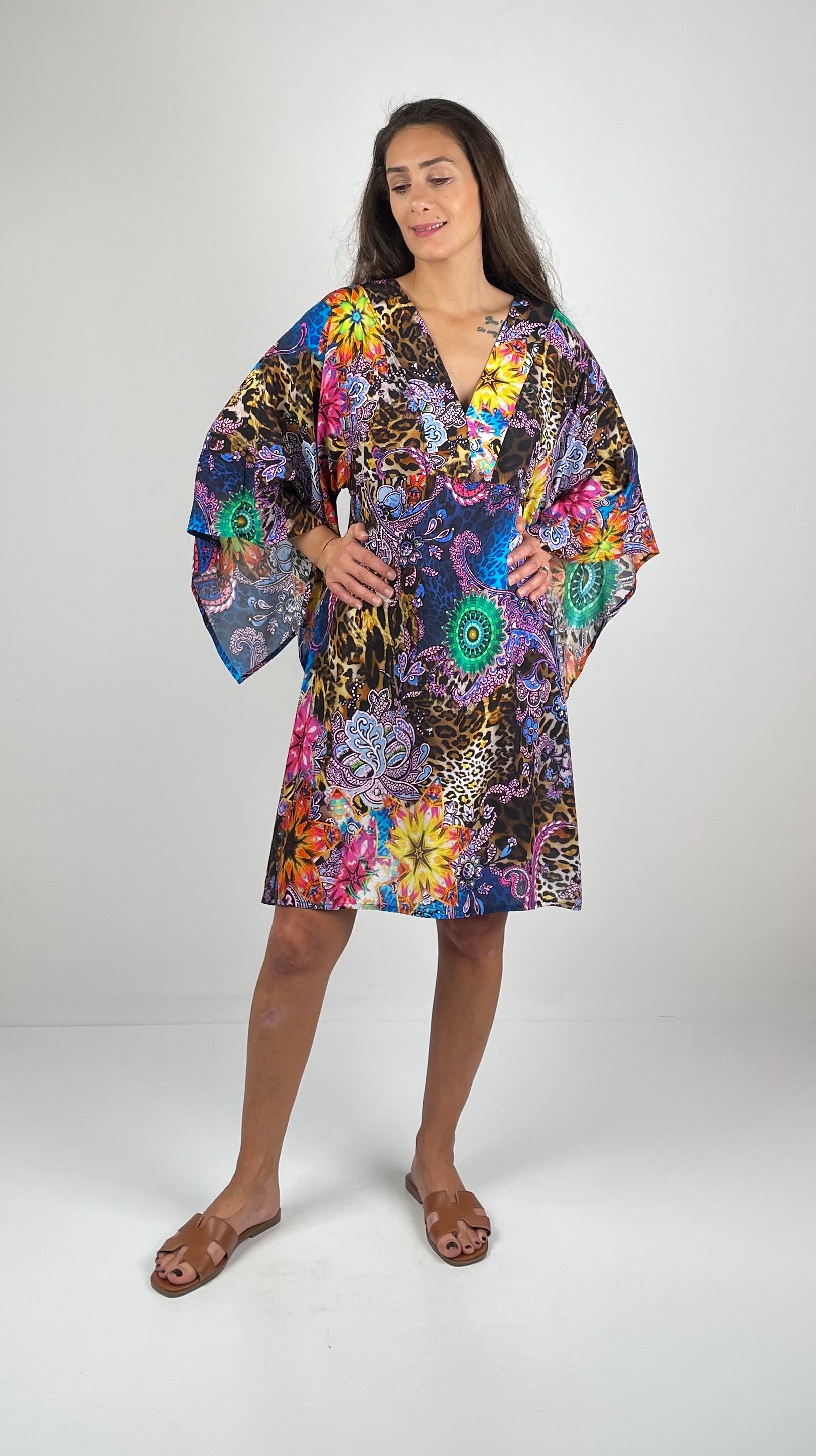 MARINE  V Yaka  Kimono  Kollu Kısa Viskon  Elbise