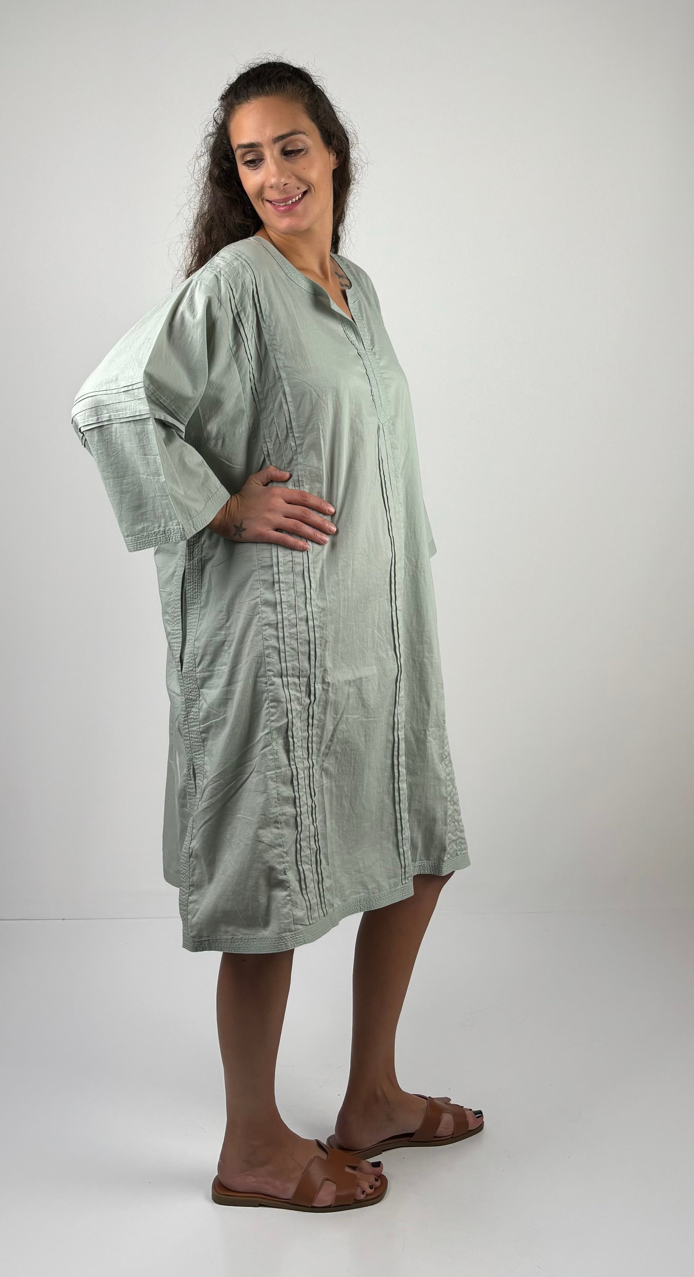 Anokhi Turvakar Kol Düz Renk Nervürlü Oversize Müslin Tunik Elbise