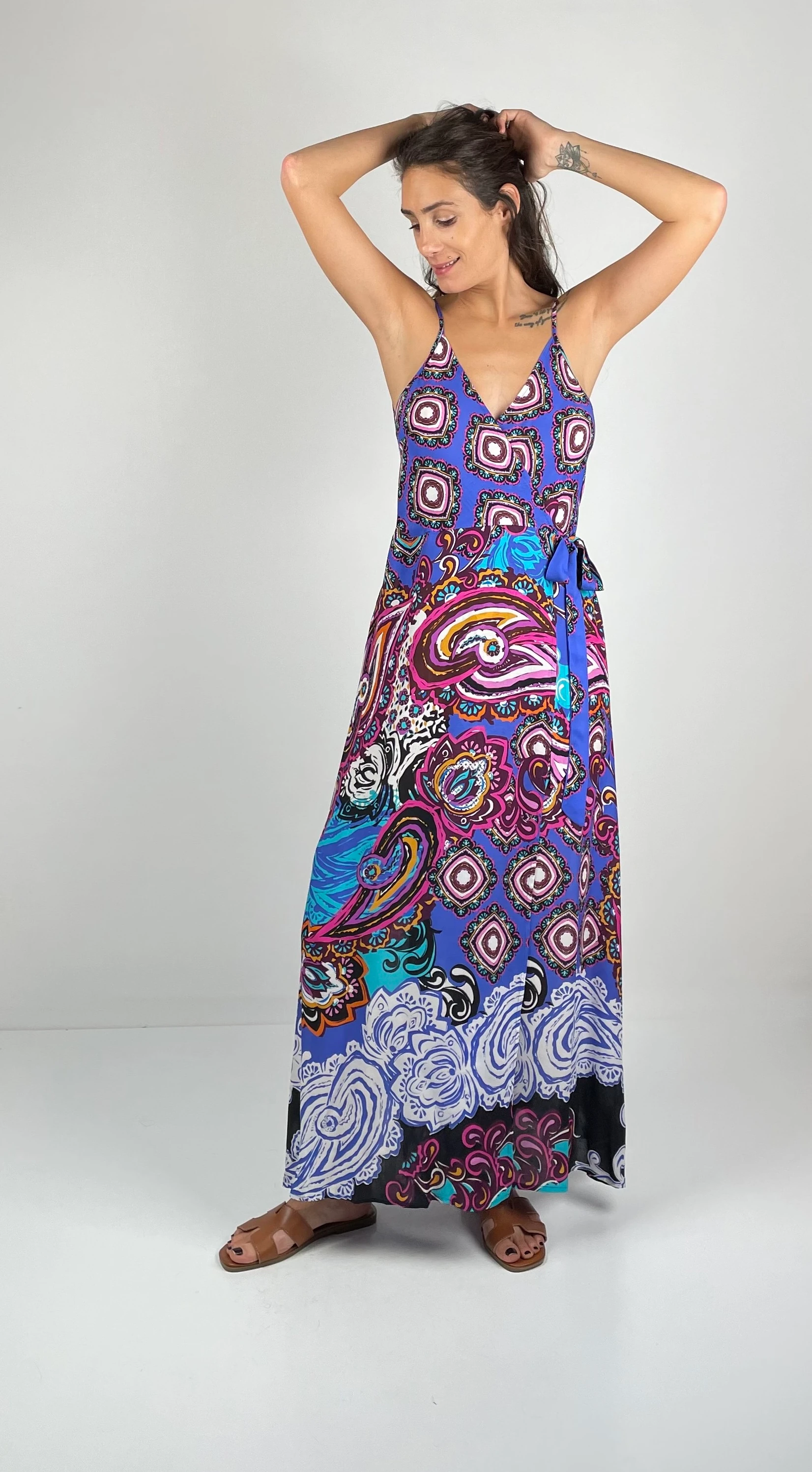 FREYA  Kruvaze V Yaka İnce Askılı Uzun Viskon Elbise - Mor Lila