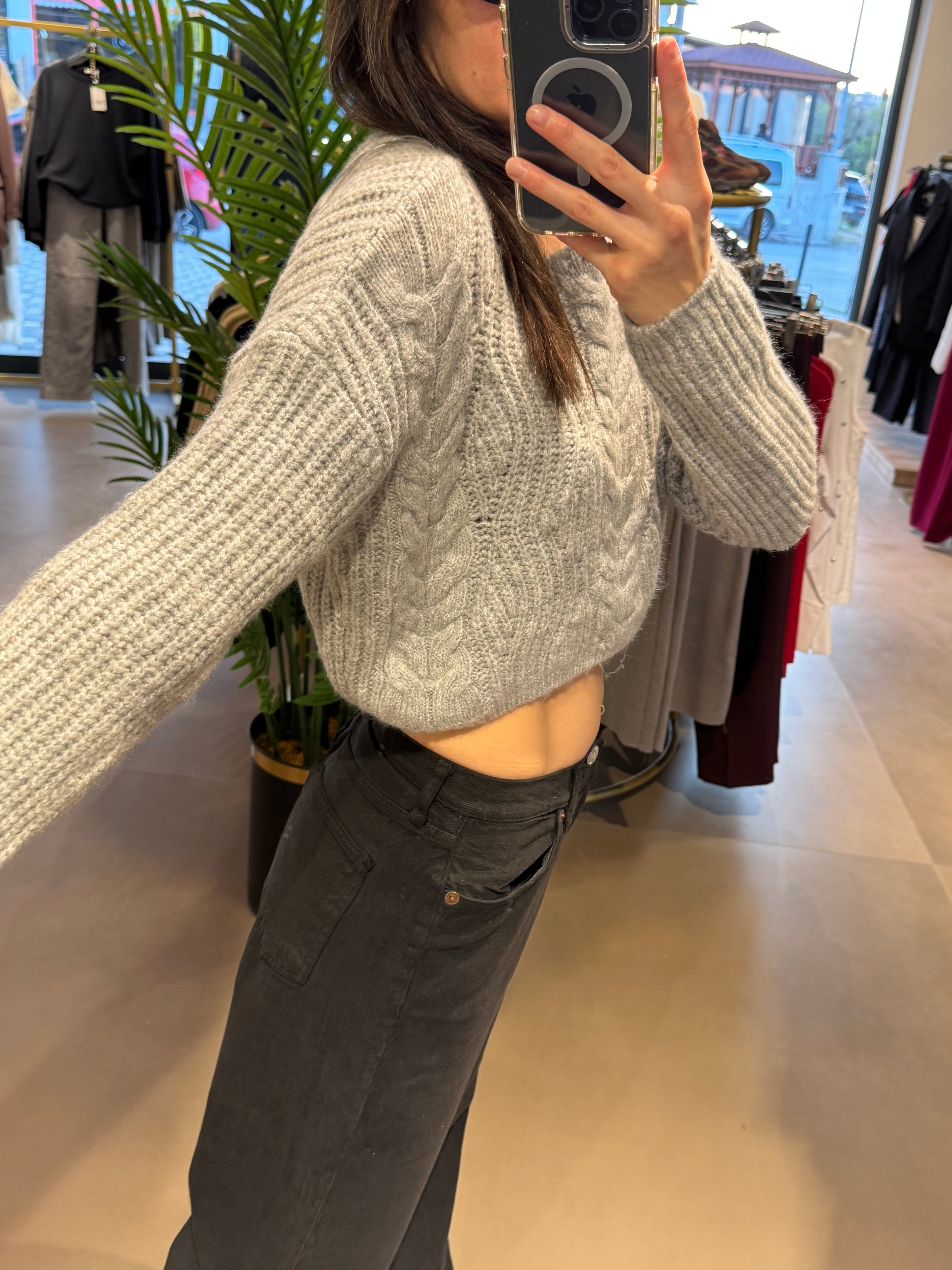 Örgü Detay Kemer Boy Kazak |Gri