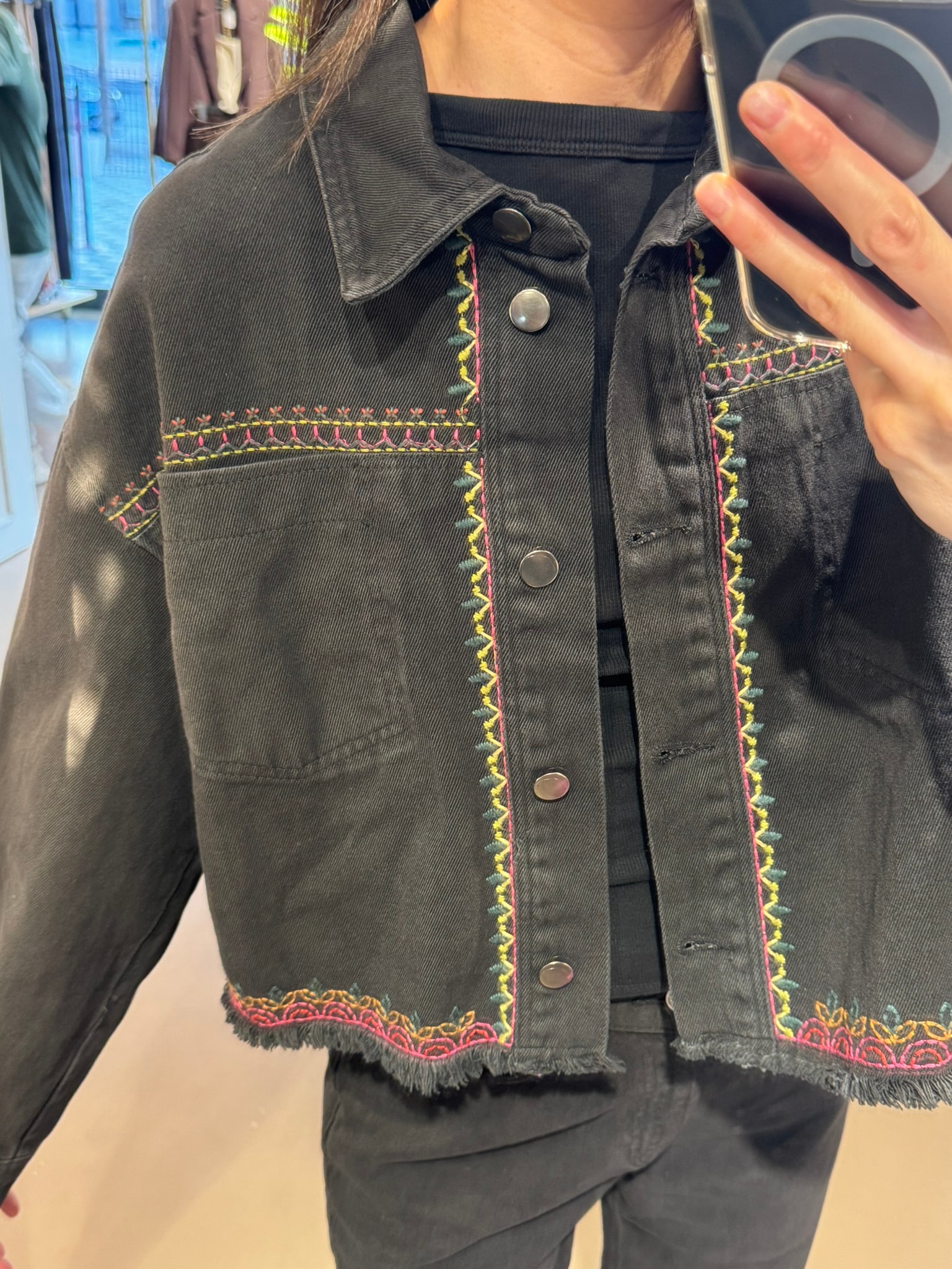 Motif İşleme Jean|Kot Ceket - siyah