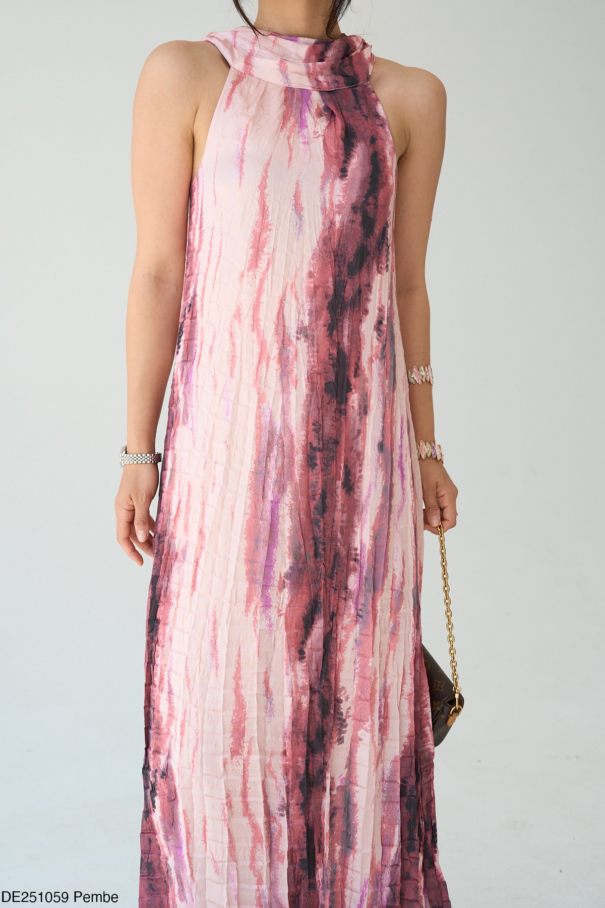 Kraşlı Düğmeli Elbise-Pembe