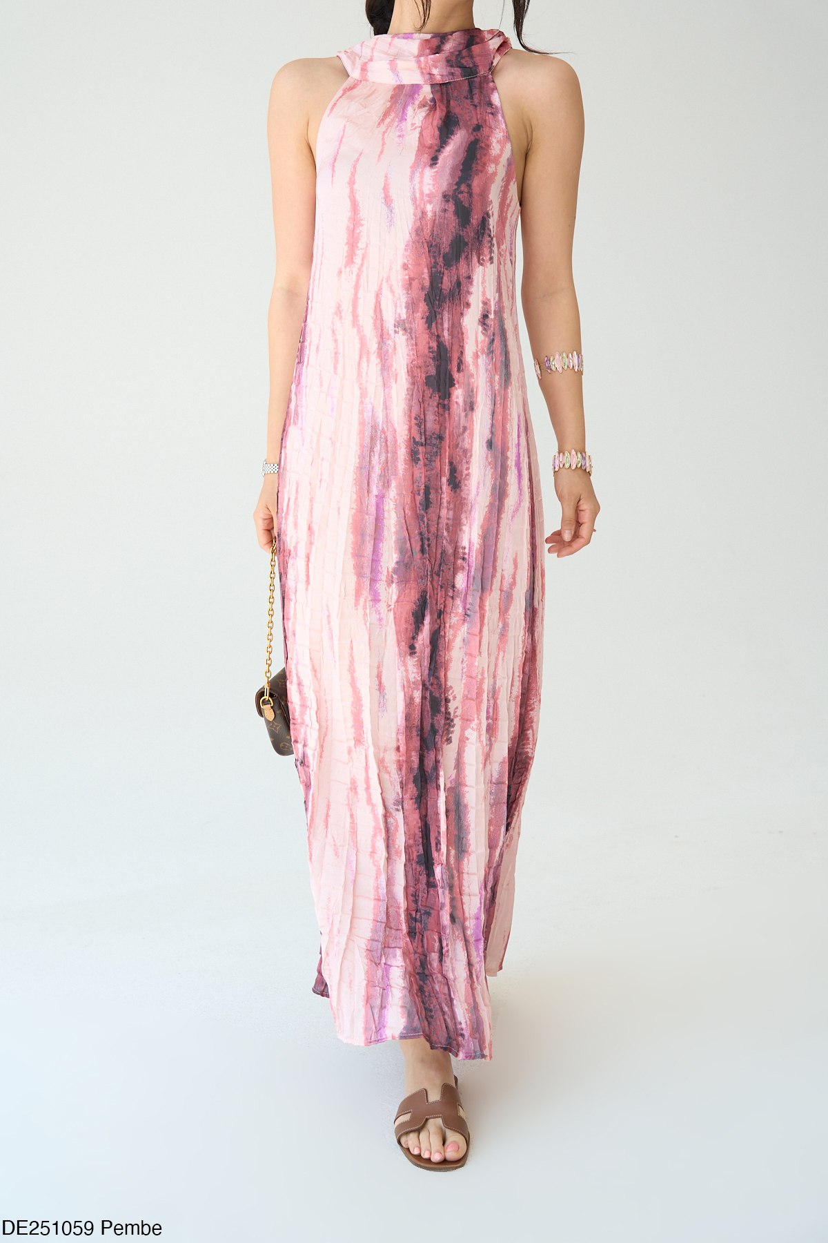 Kraşlı Düğmeli Elbise-Pembe