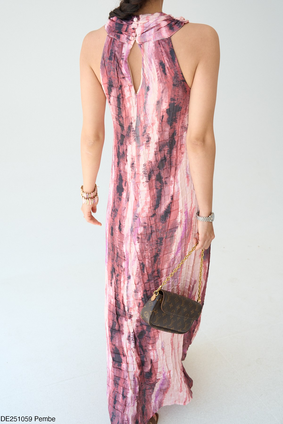 Kraşlı Düğmeli Elbise-Pembe