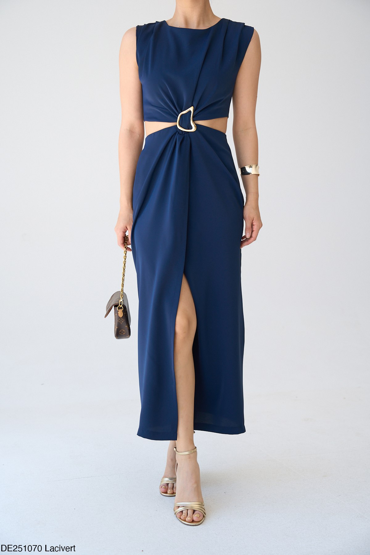 Bel Dekolteli tokalı Elbise-Lacivert