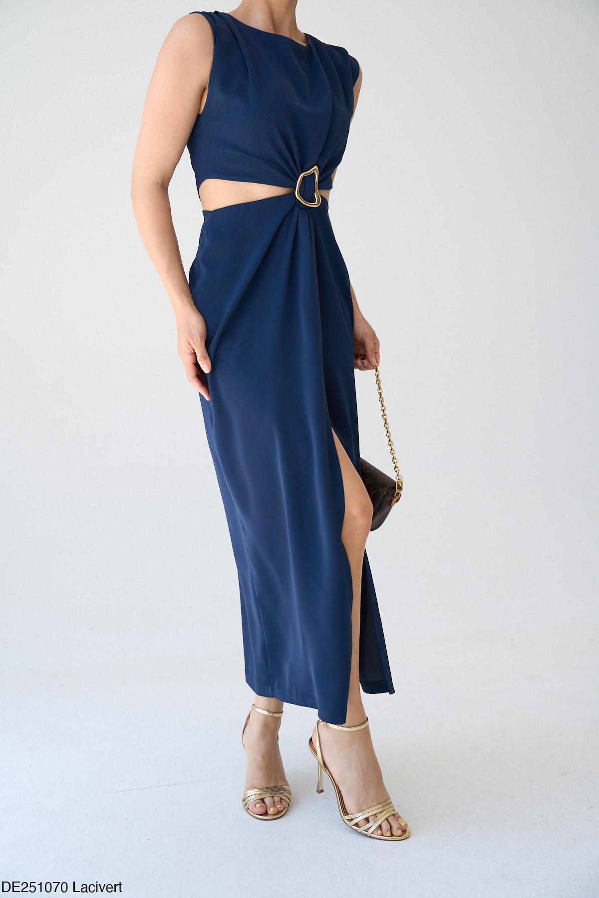 Bel Dekolteli tokalı Elbise-Lacivert