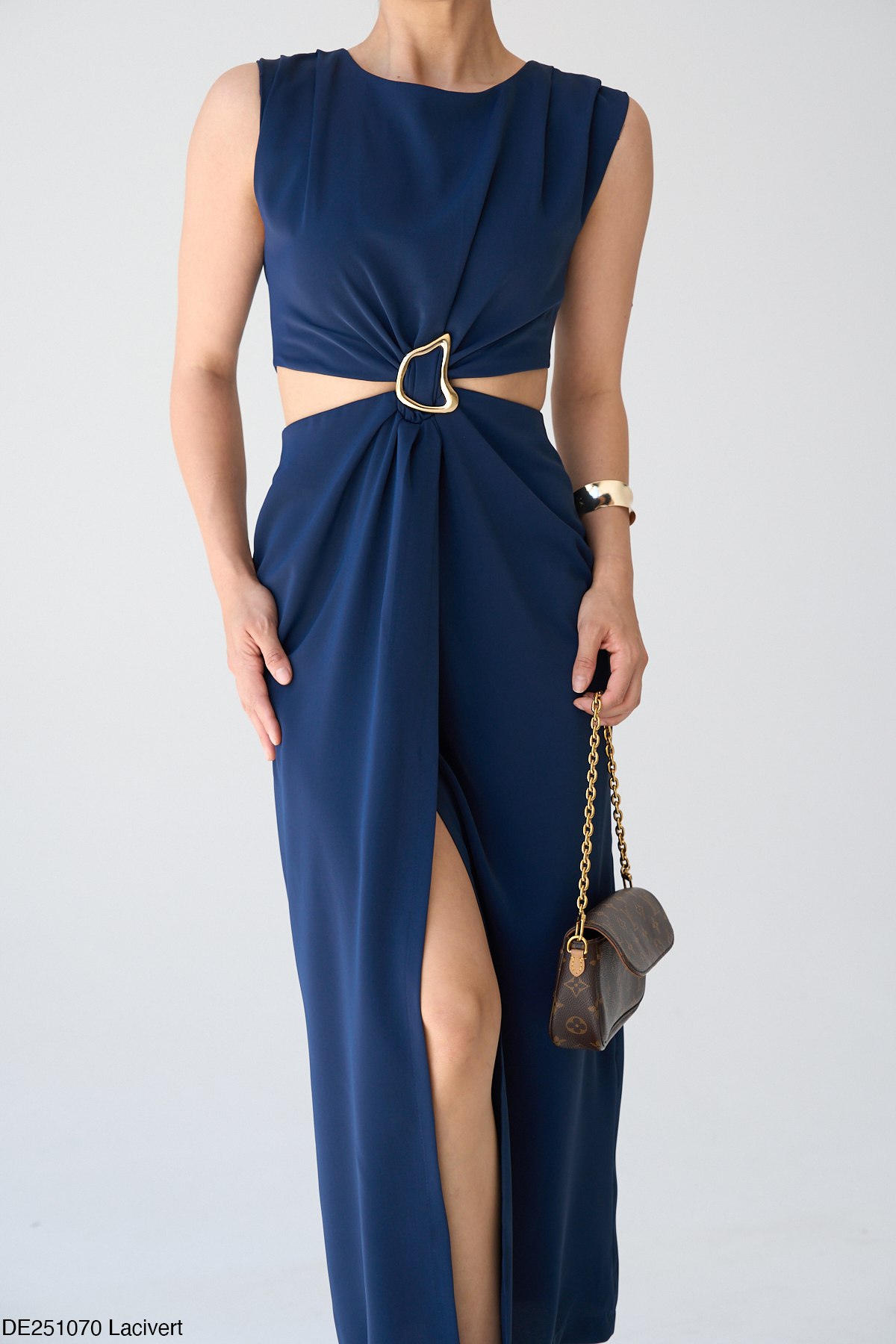 Bel Dekolteli tokalı Elbise-Lacivert