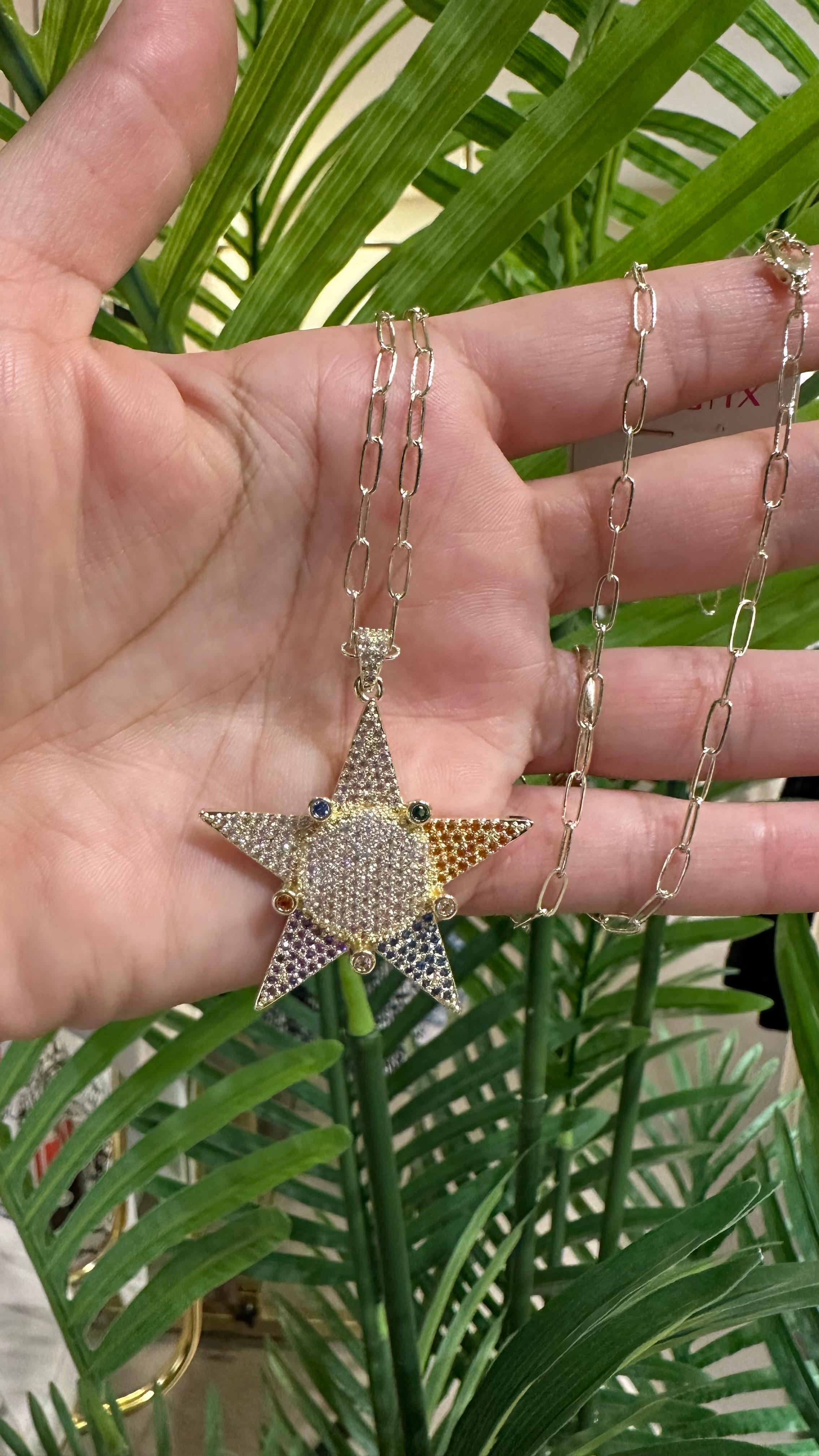 Xupıng Uzun Taşlı Yıldız Kolye-Gold