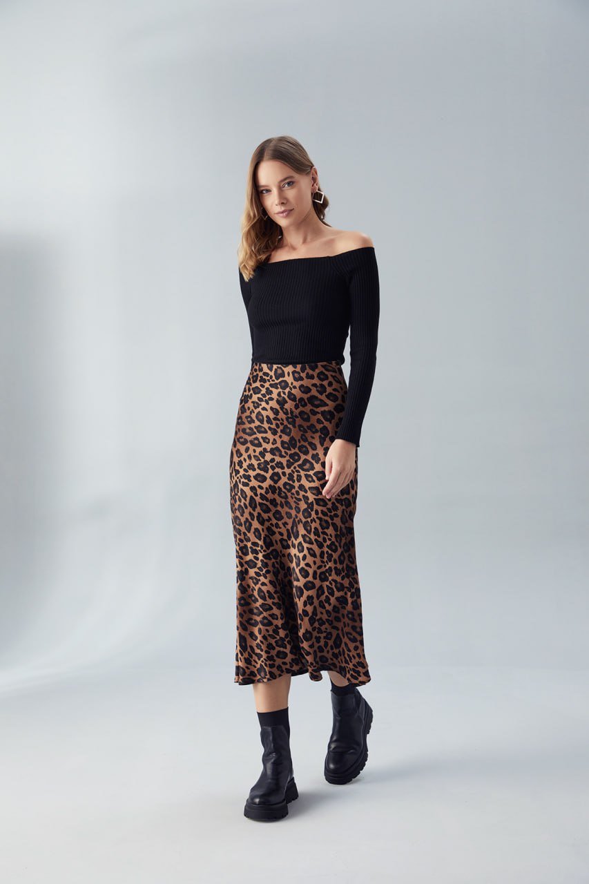Leopar Saten Midi etek