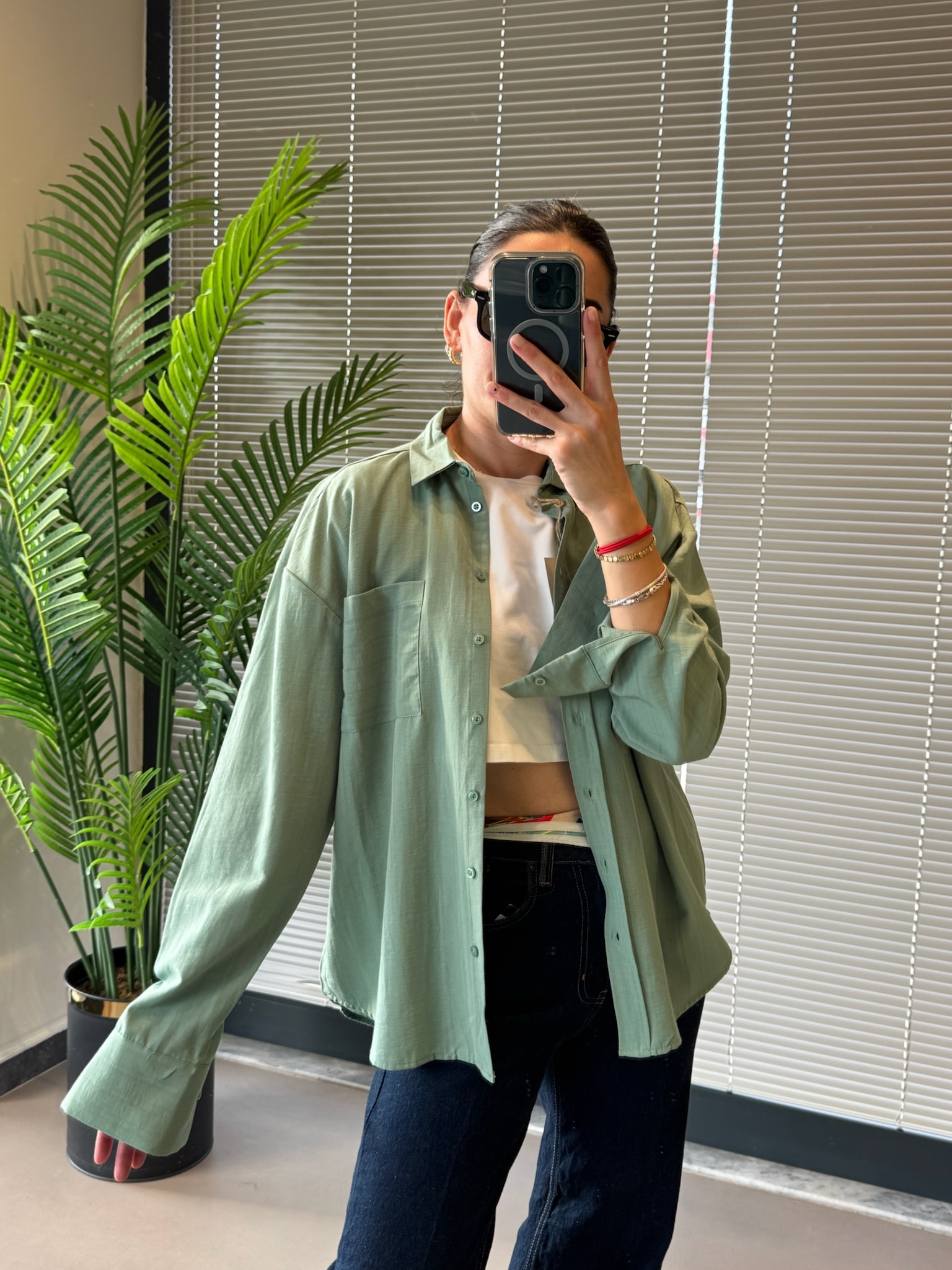 Orijinal Marka Keten Gömlek - Yeşil