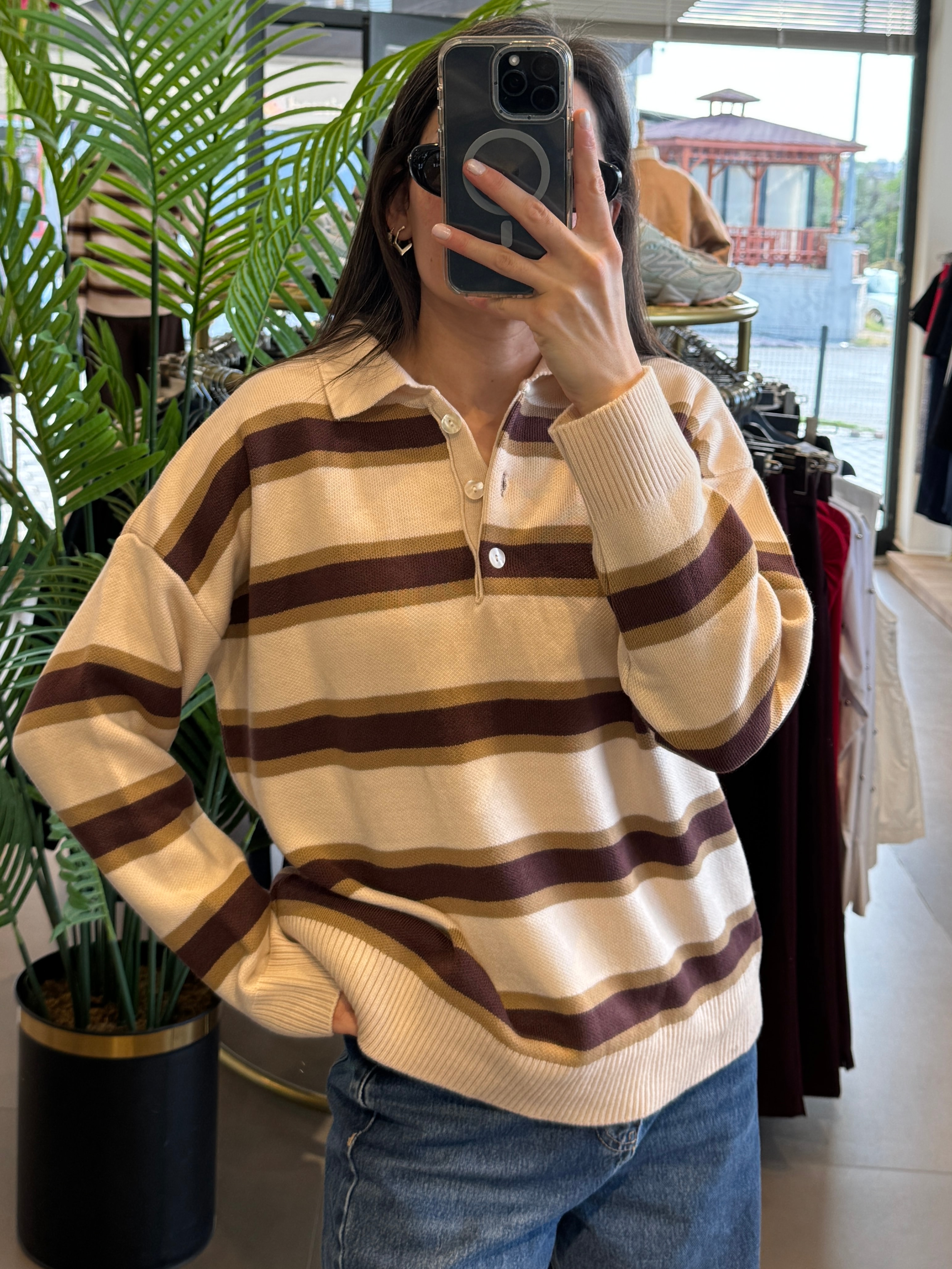 Premium Polo Yaka Çizgili Triko| Vanilya-Cherry