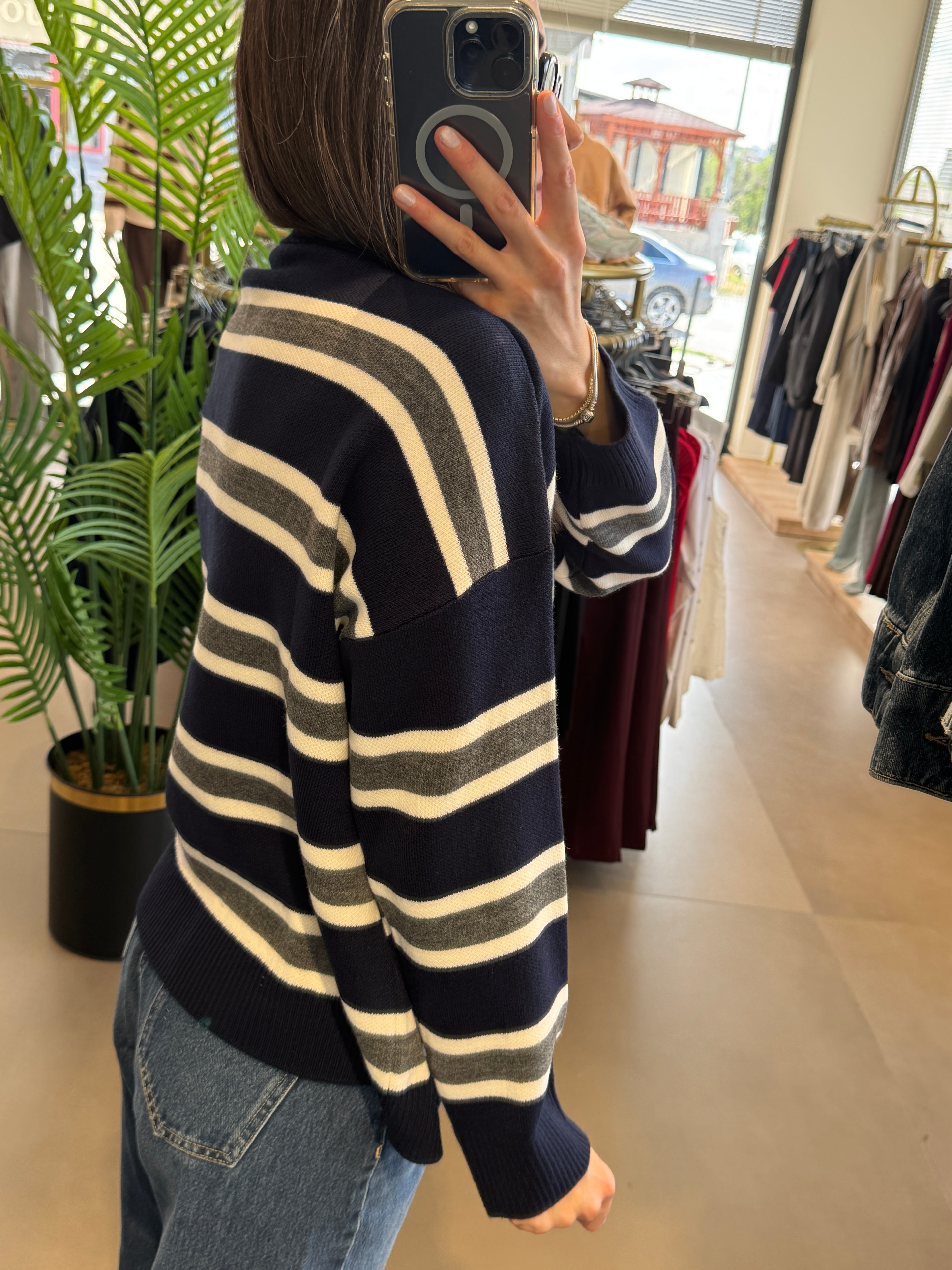 Premium Polo Yaka Çizgili Triko| Lacivert-Krem