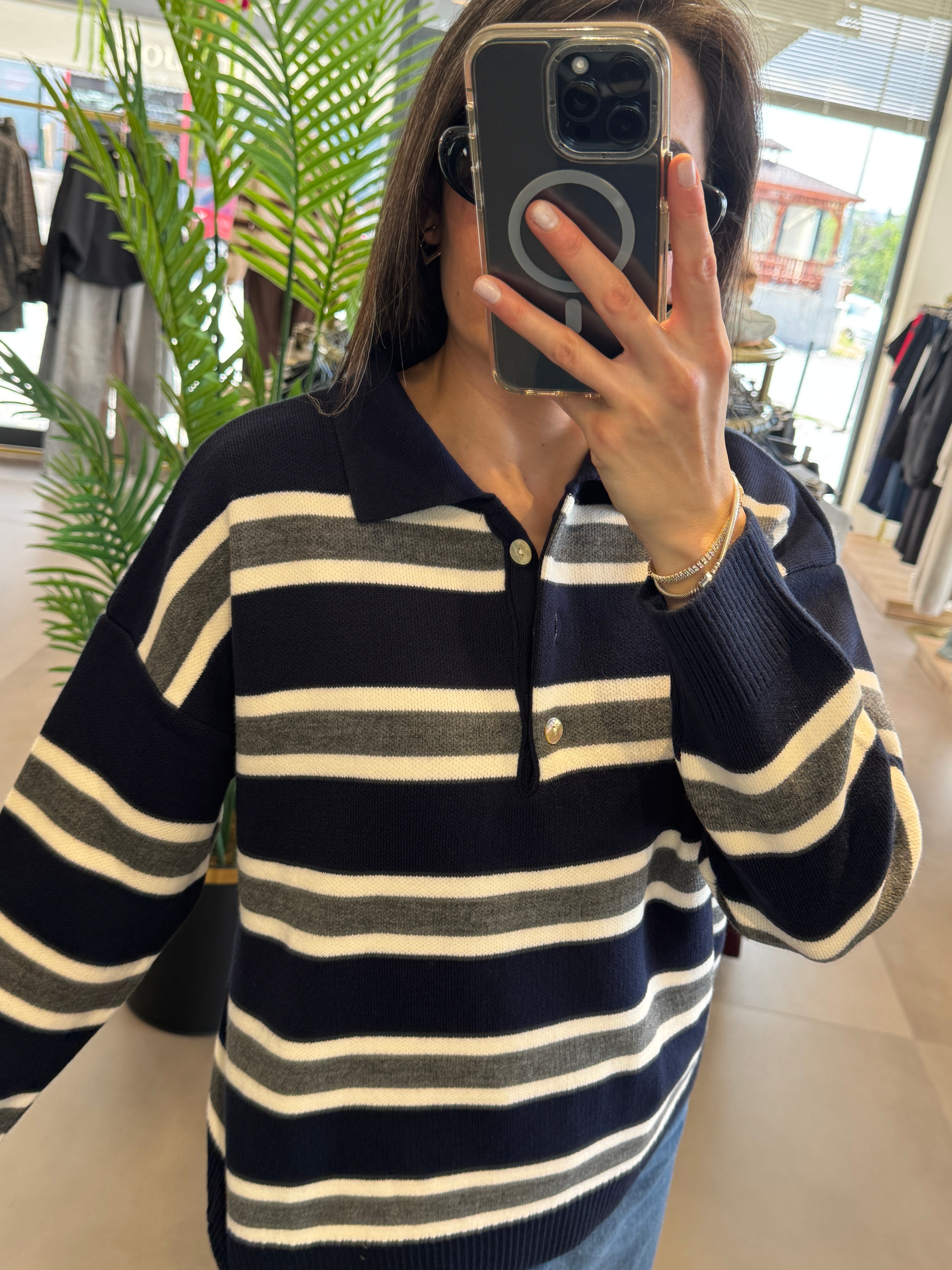 Premium Polo Yaka Çizgili Triko| Lacivert-Krem