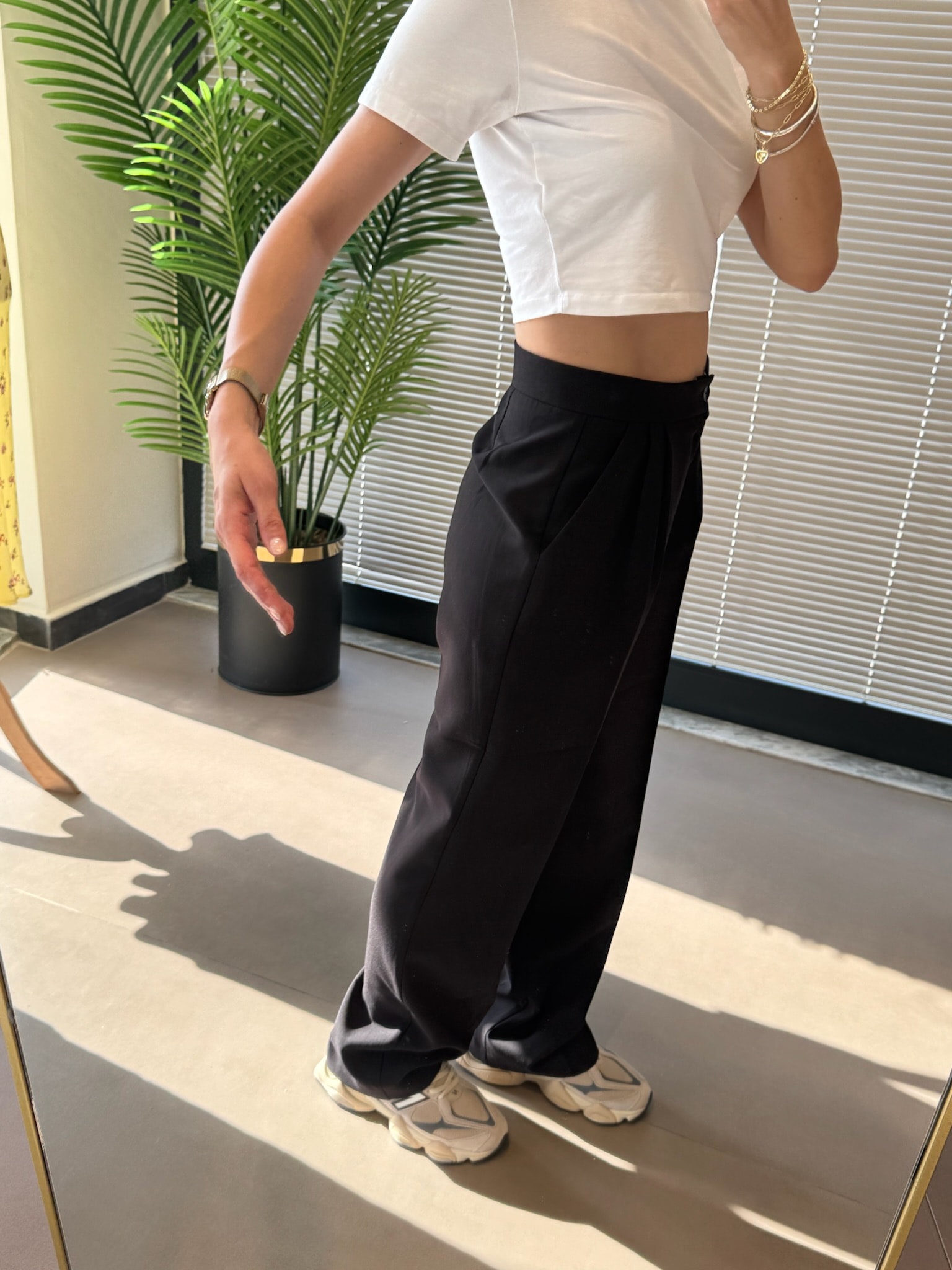 Kumaş Düz Paça Palazzo Pantolon-Siyah