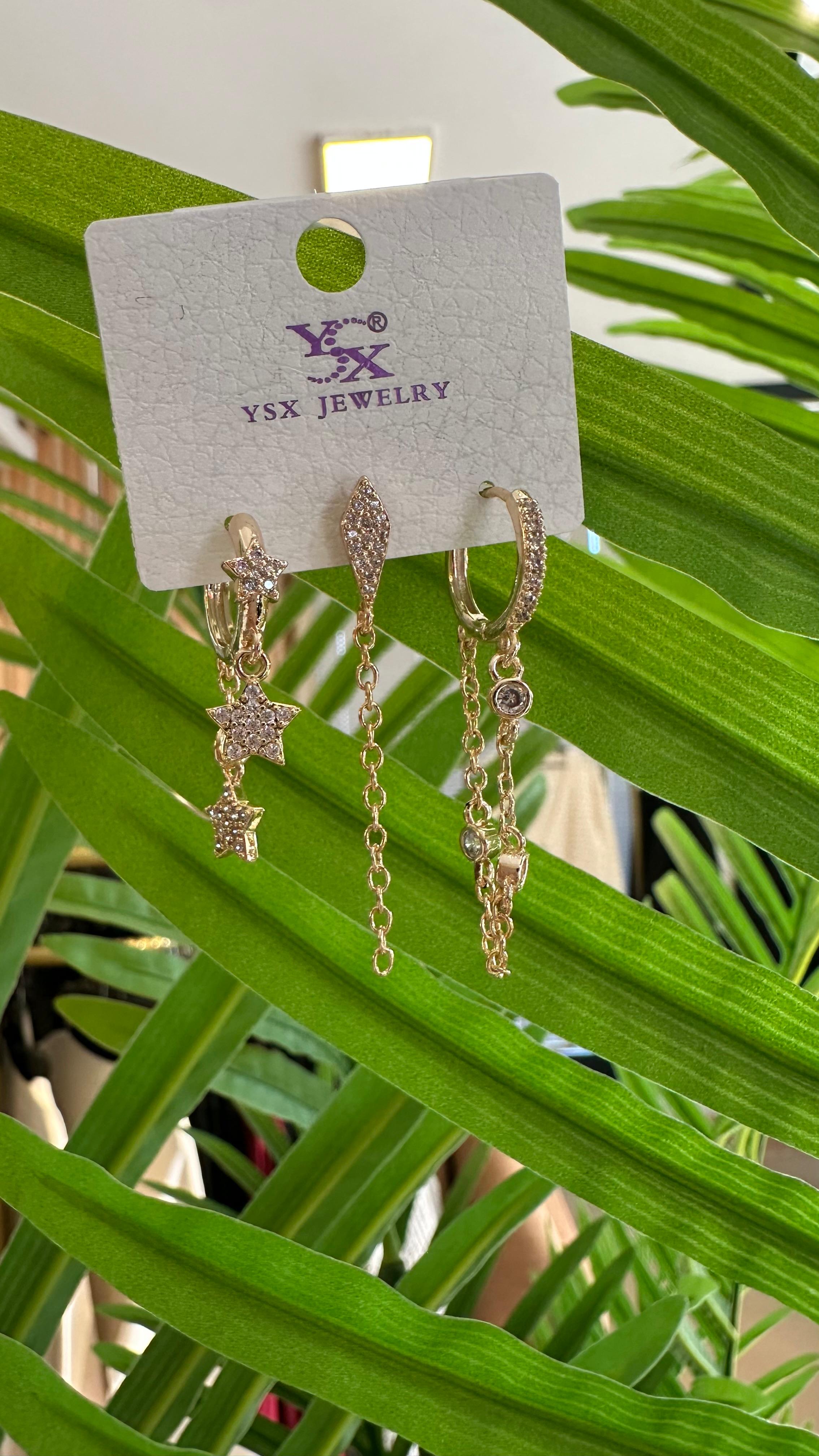 Ysx Yıldız Zincir 3'lü Küpe Seti-Gold