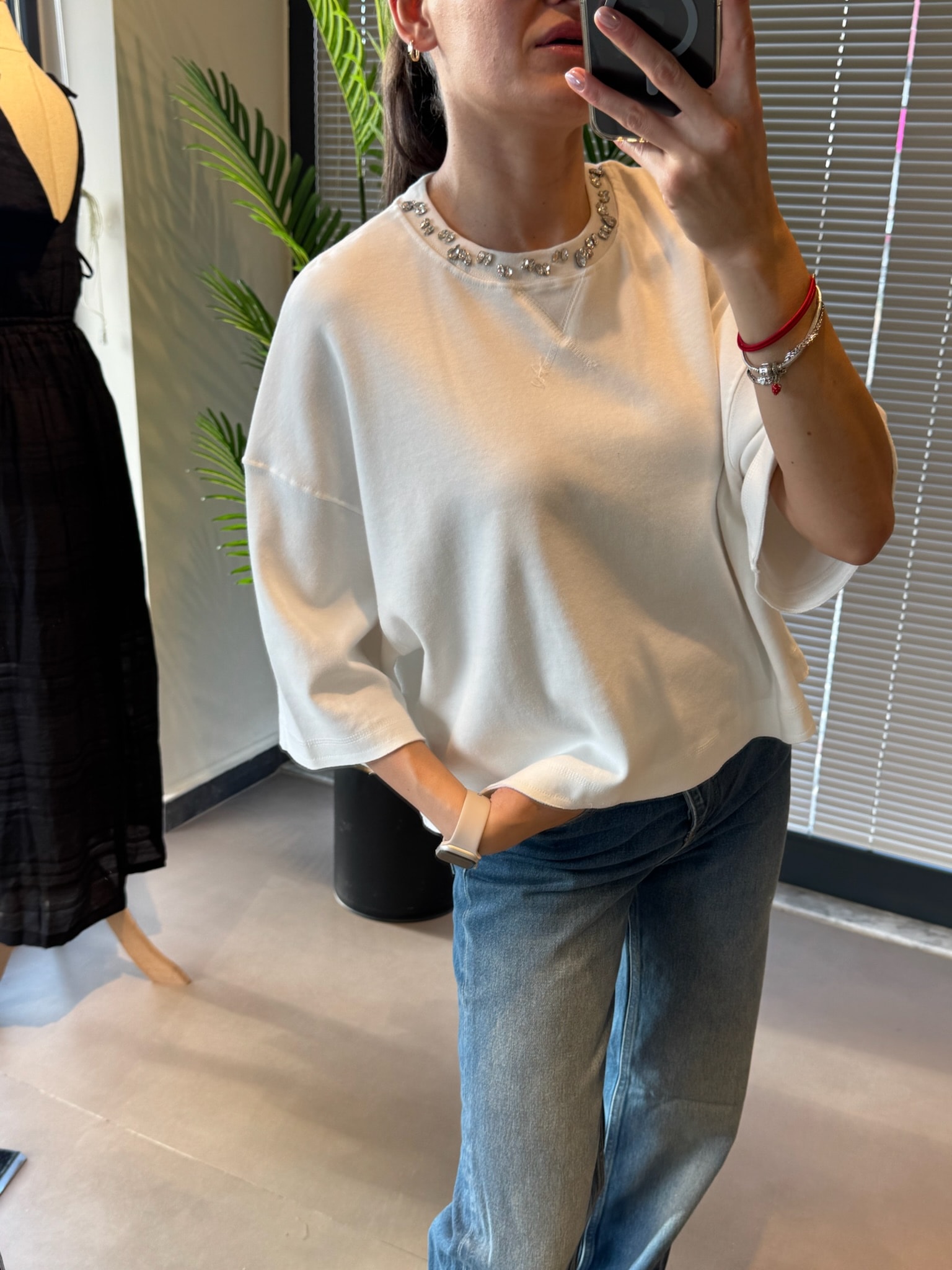 Taş İşlemeli Pamuklu Tshirt-Ekru