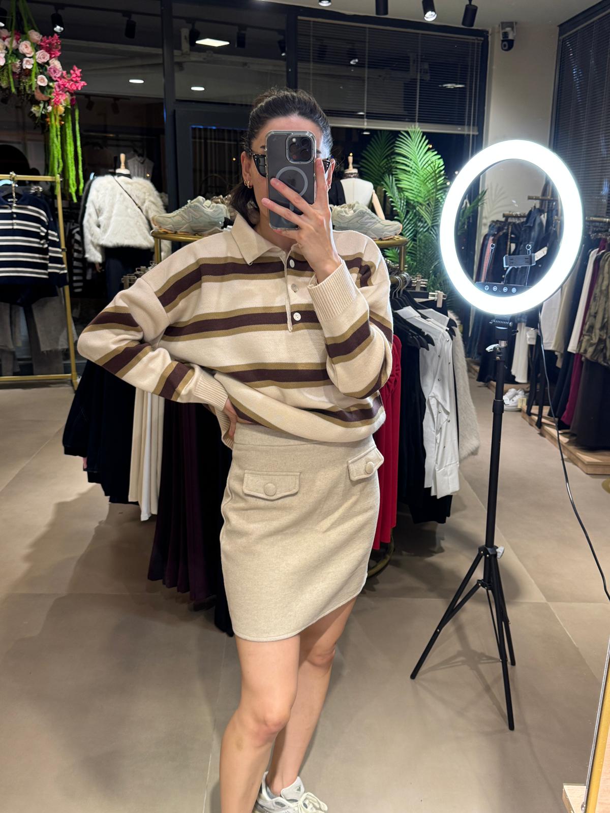 Cep Detaylı Kaşe Etek-Taş