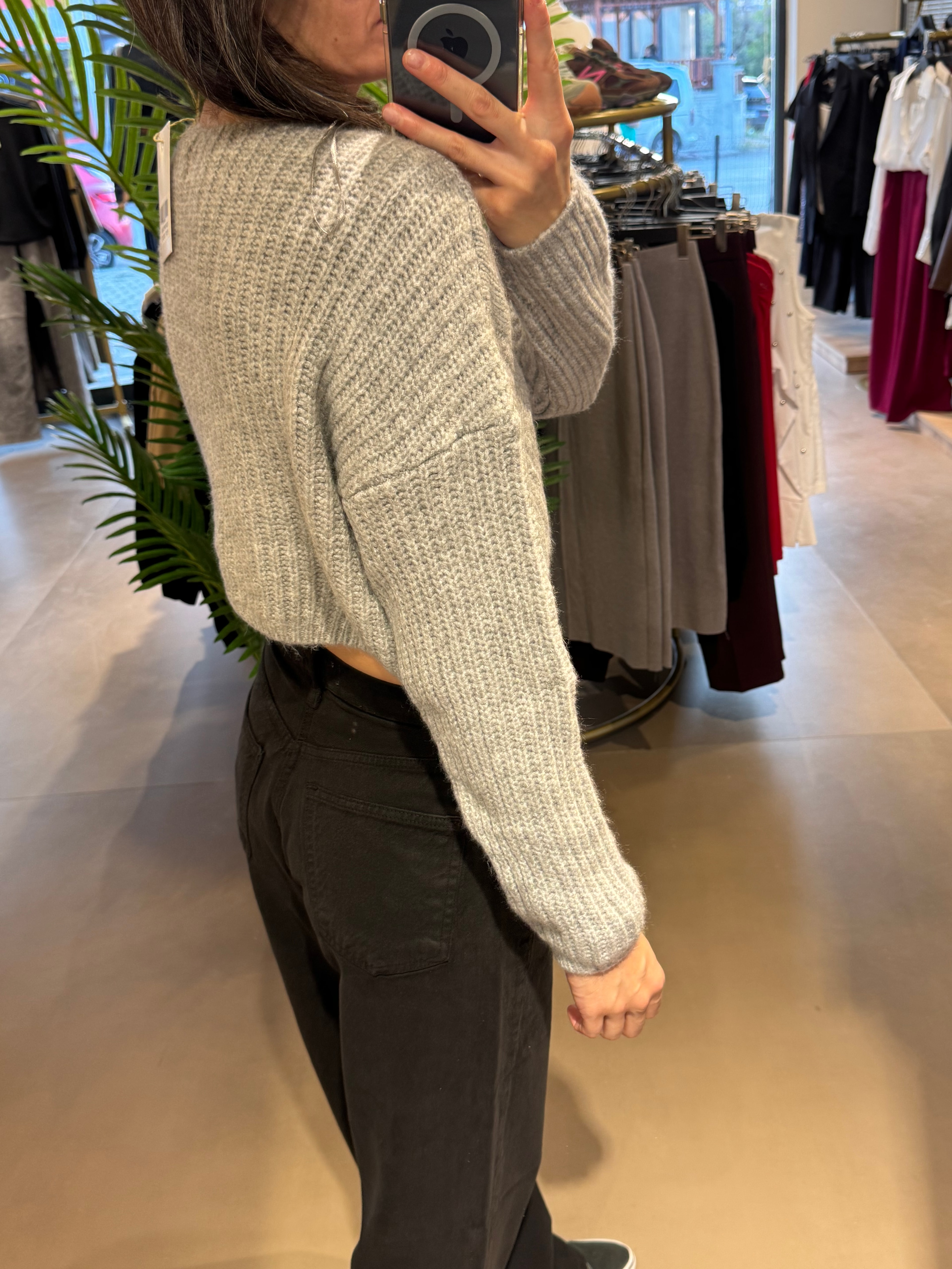 Örgü Detay Kemer Boy Kazak |Gri