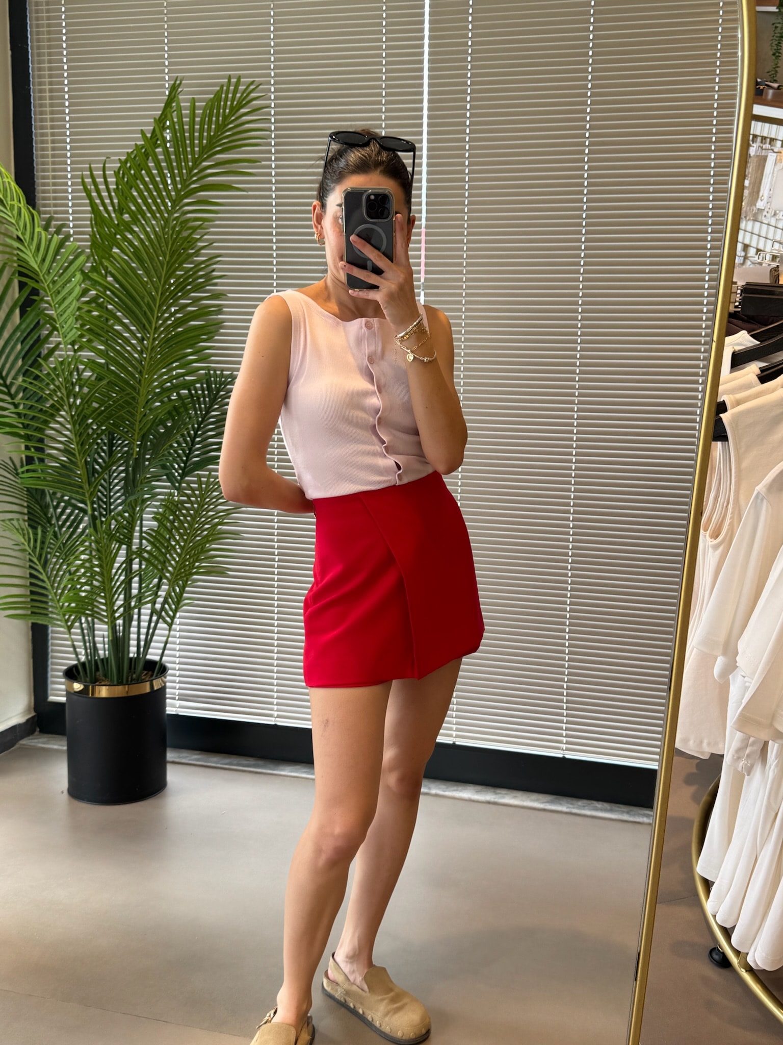 Orijinal Marka Kumaş Şort Etek - -Kırmızı