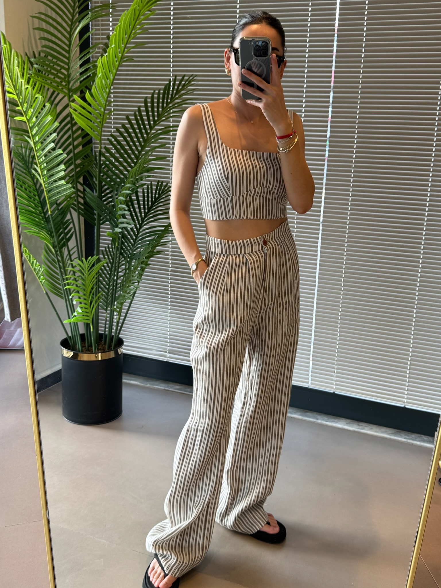 Keten Çizgili Takım | % 100 Linen - kahve