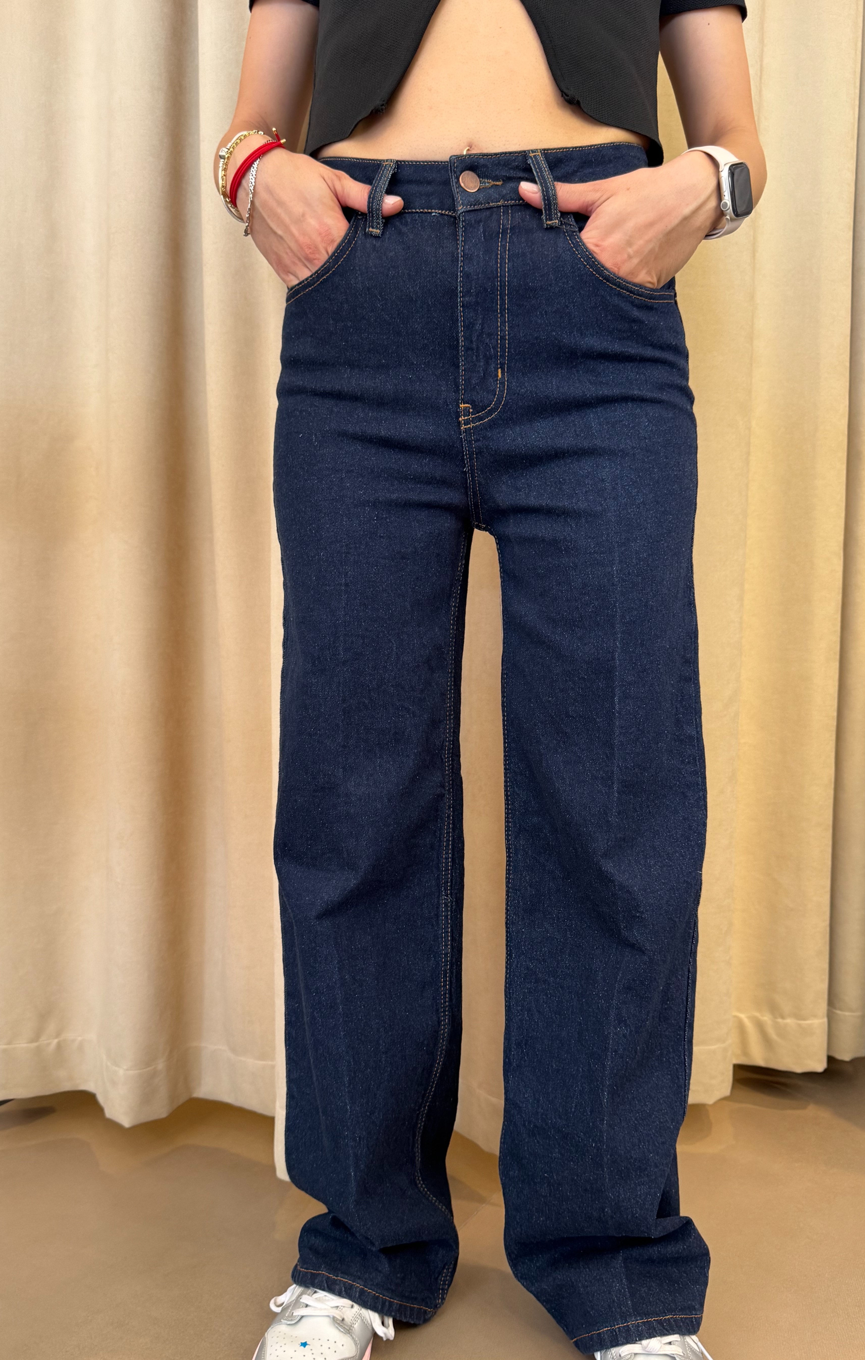 Düz Paça Yüksek Bel Muadil Marka Likralı Koyu Renk Jean