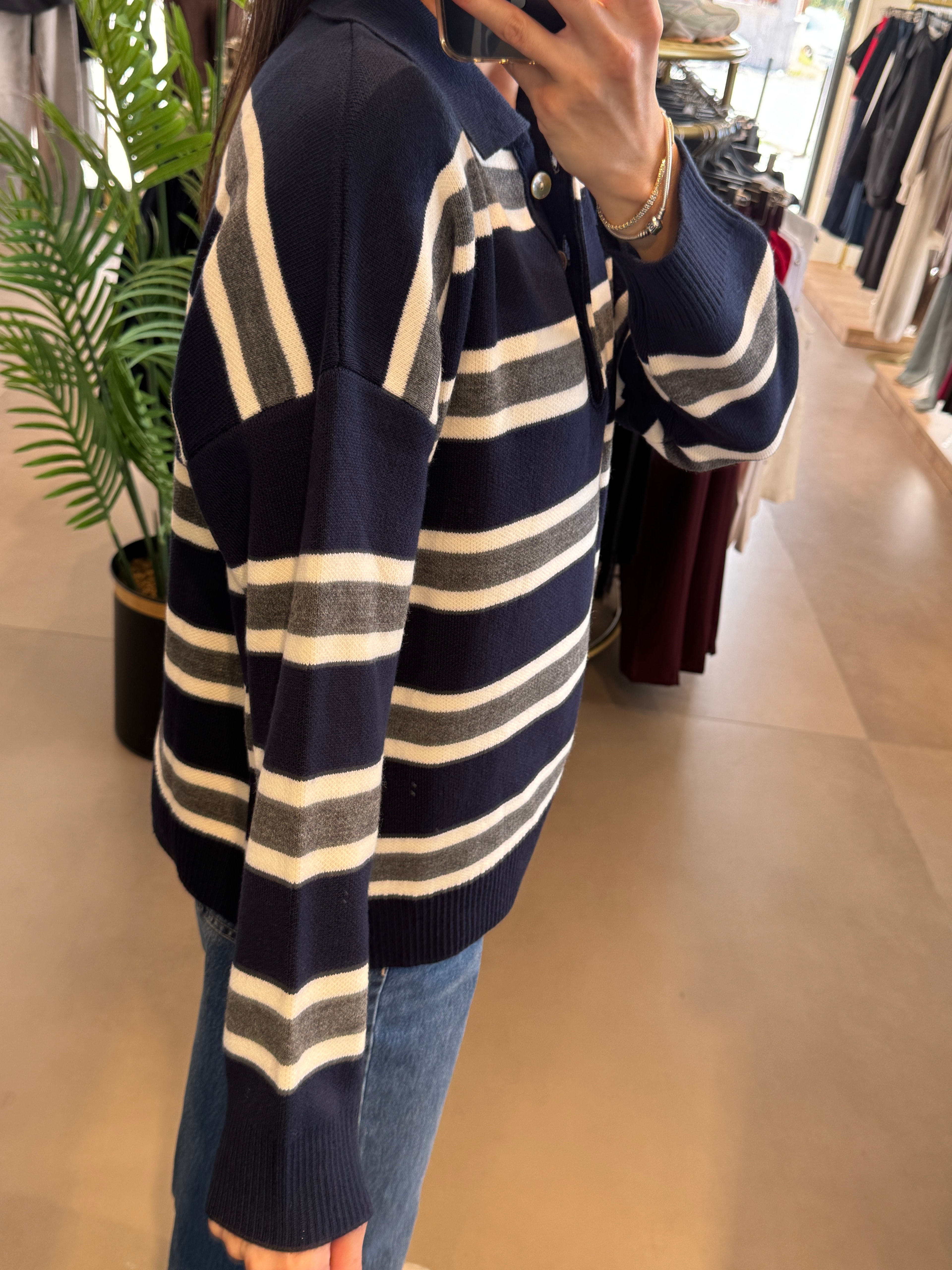 Premium Polo Yaka Çizgili Triko| Lacivert-Krem