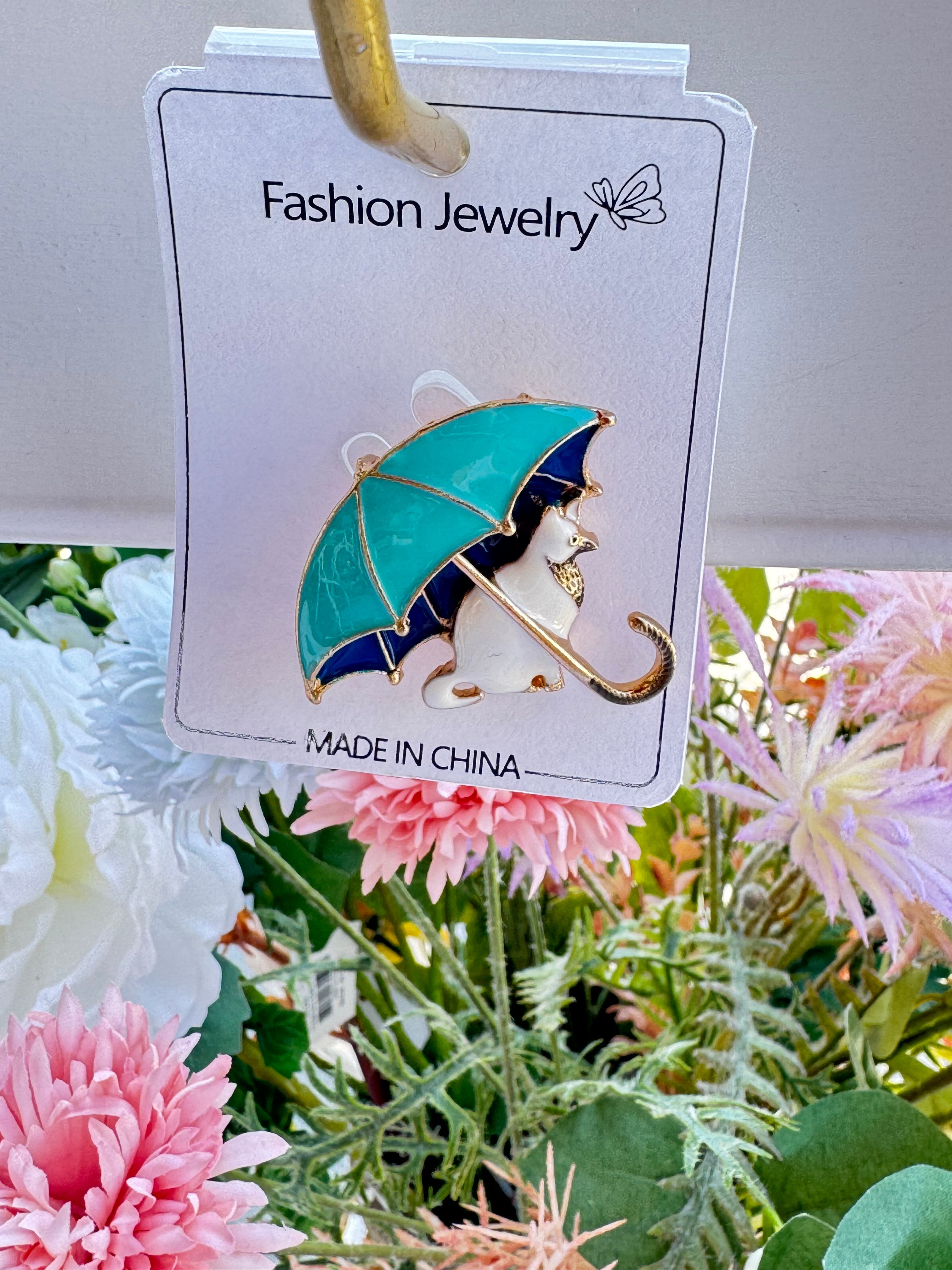 Şemsiyeli Kedi Broş-Yeşil