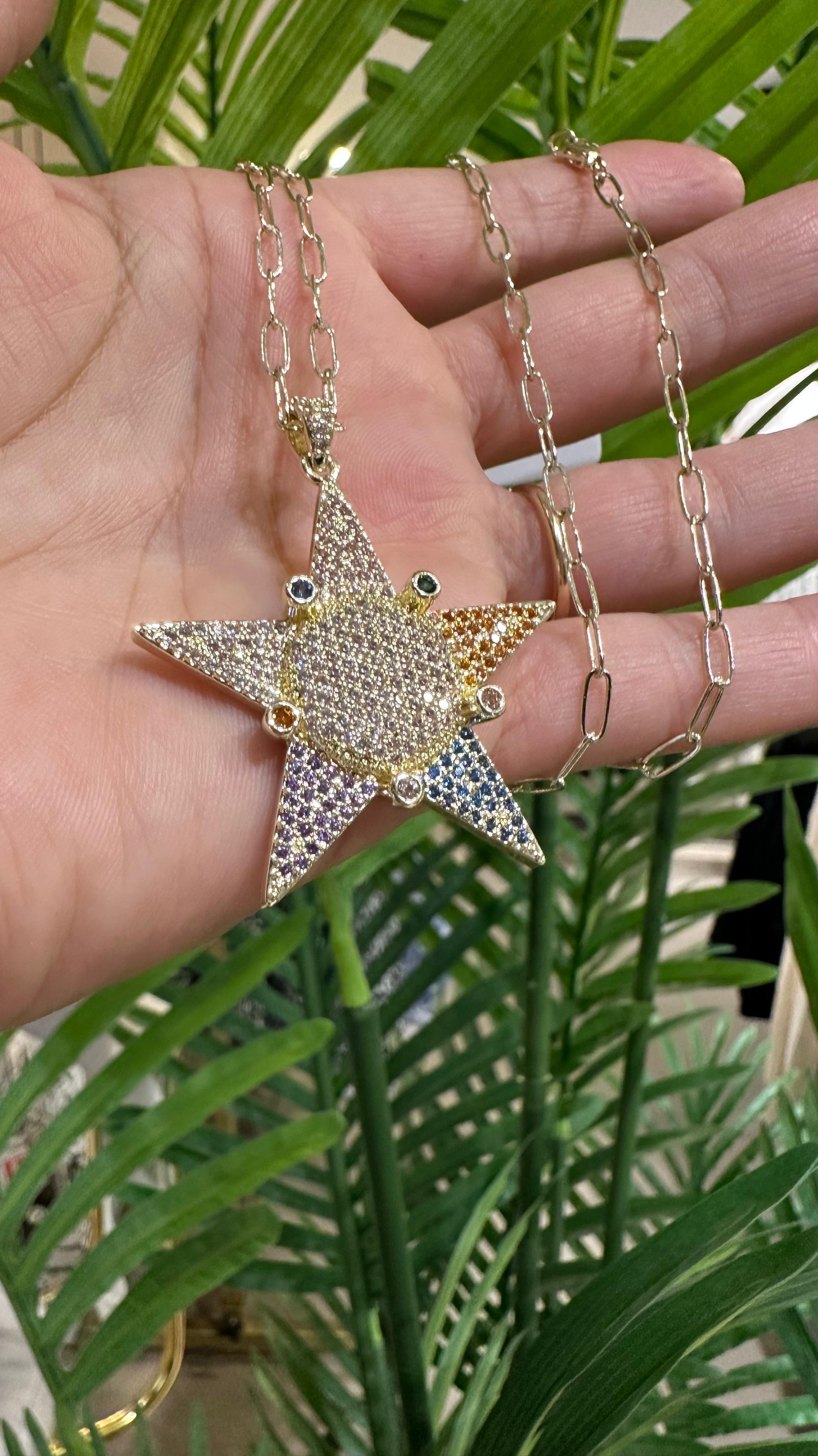 Xupıng Uzun Taşlı Yıldız Kolye-Gold