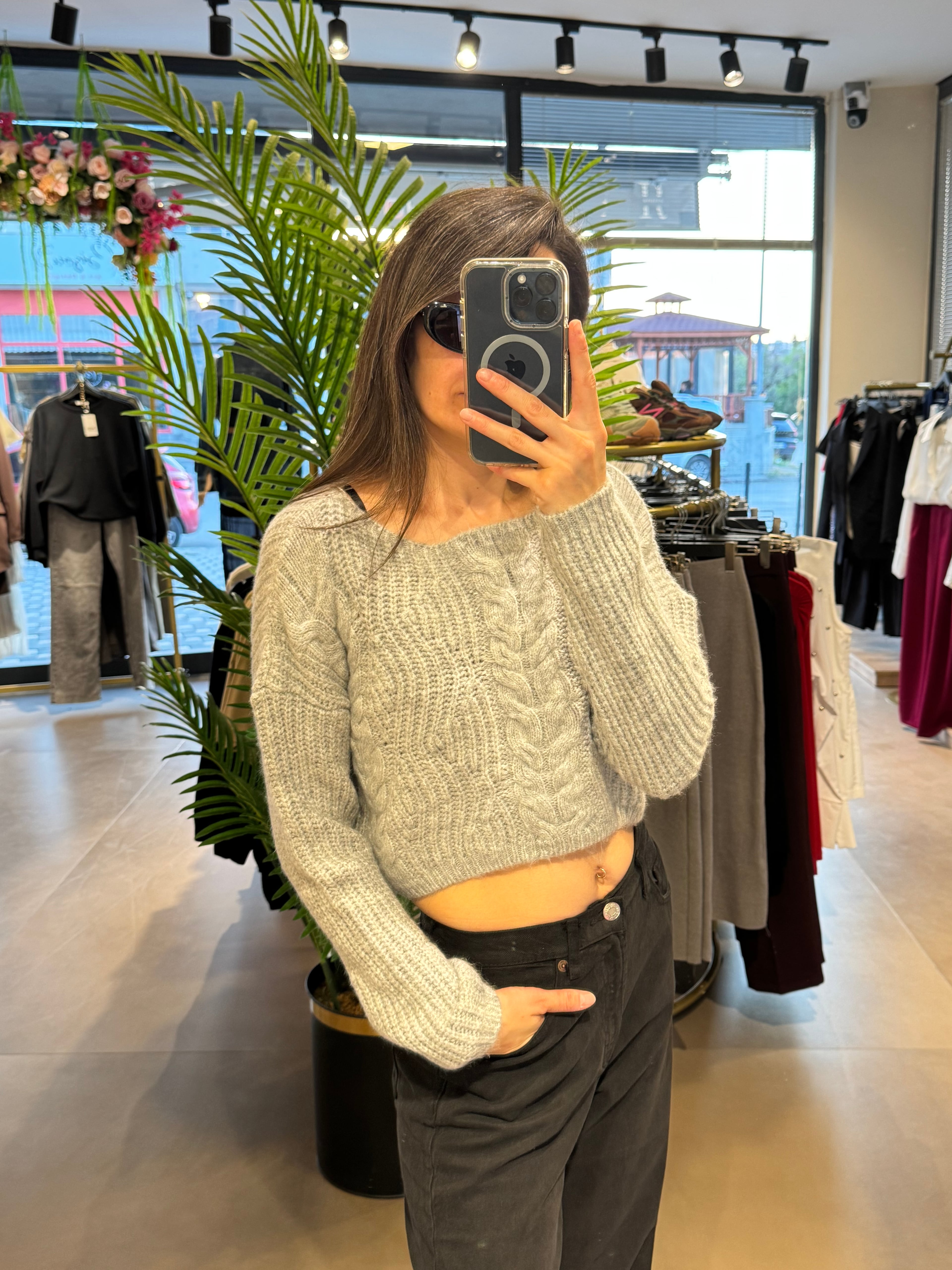 Örgü Detay Kemer Boy Kazak |Gri