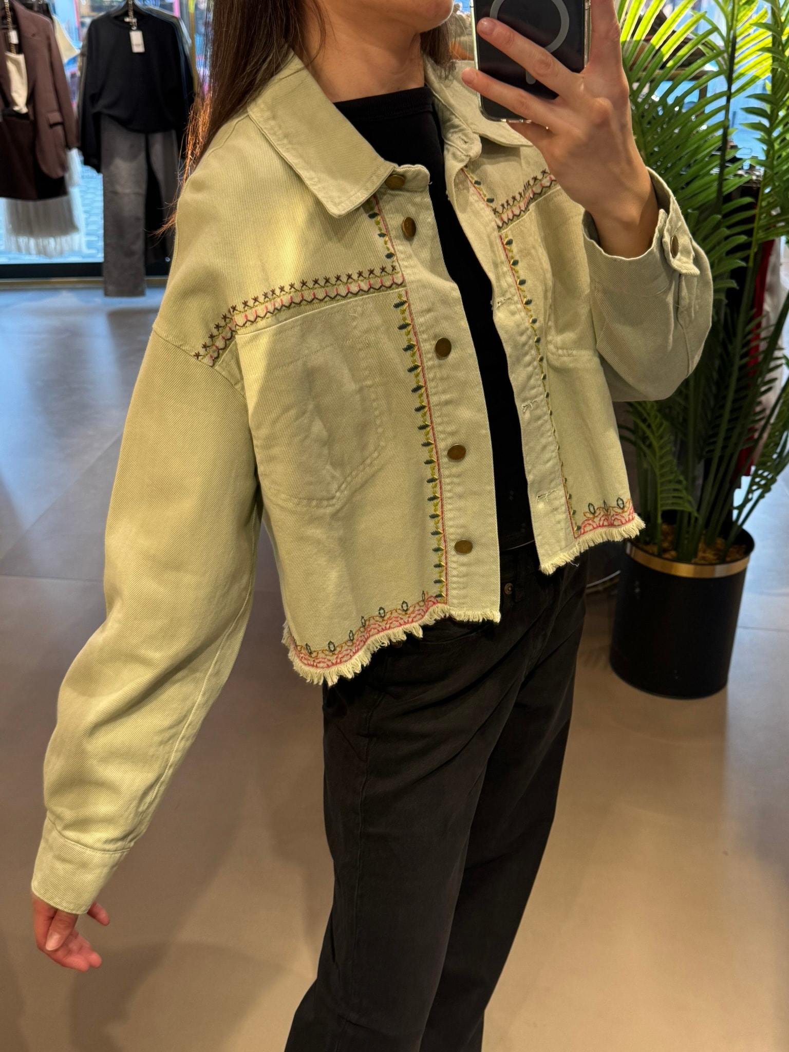 Motif İşleme Jean|Kot Ceket - Yeşil