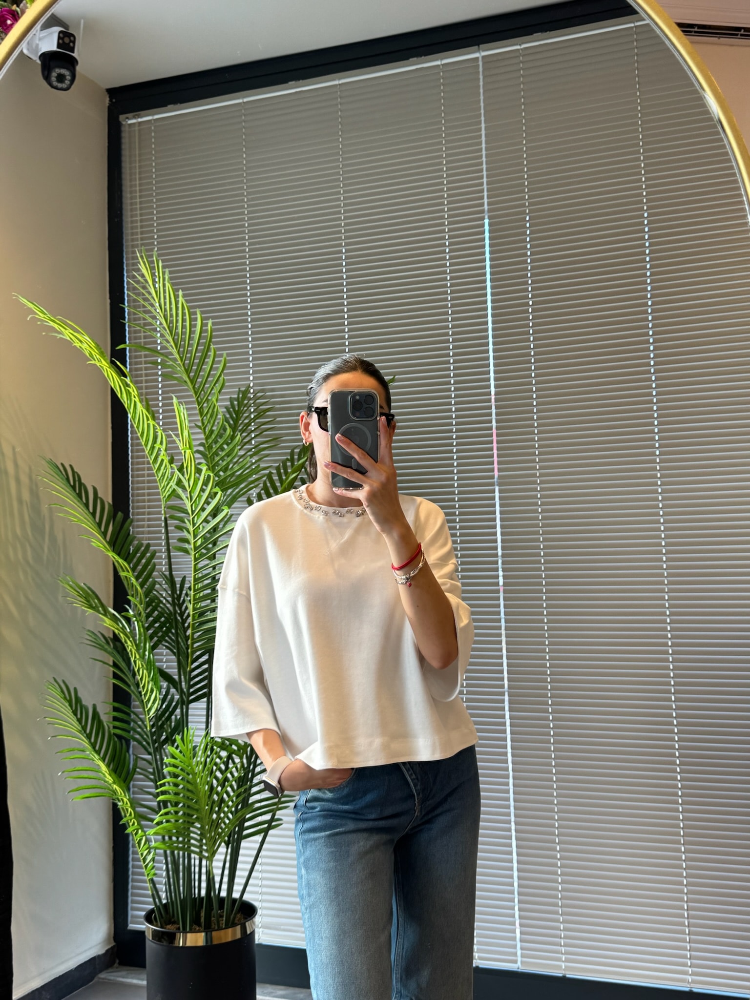 Taş İşlemeli Pamuklu Tshirt-Ekru