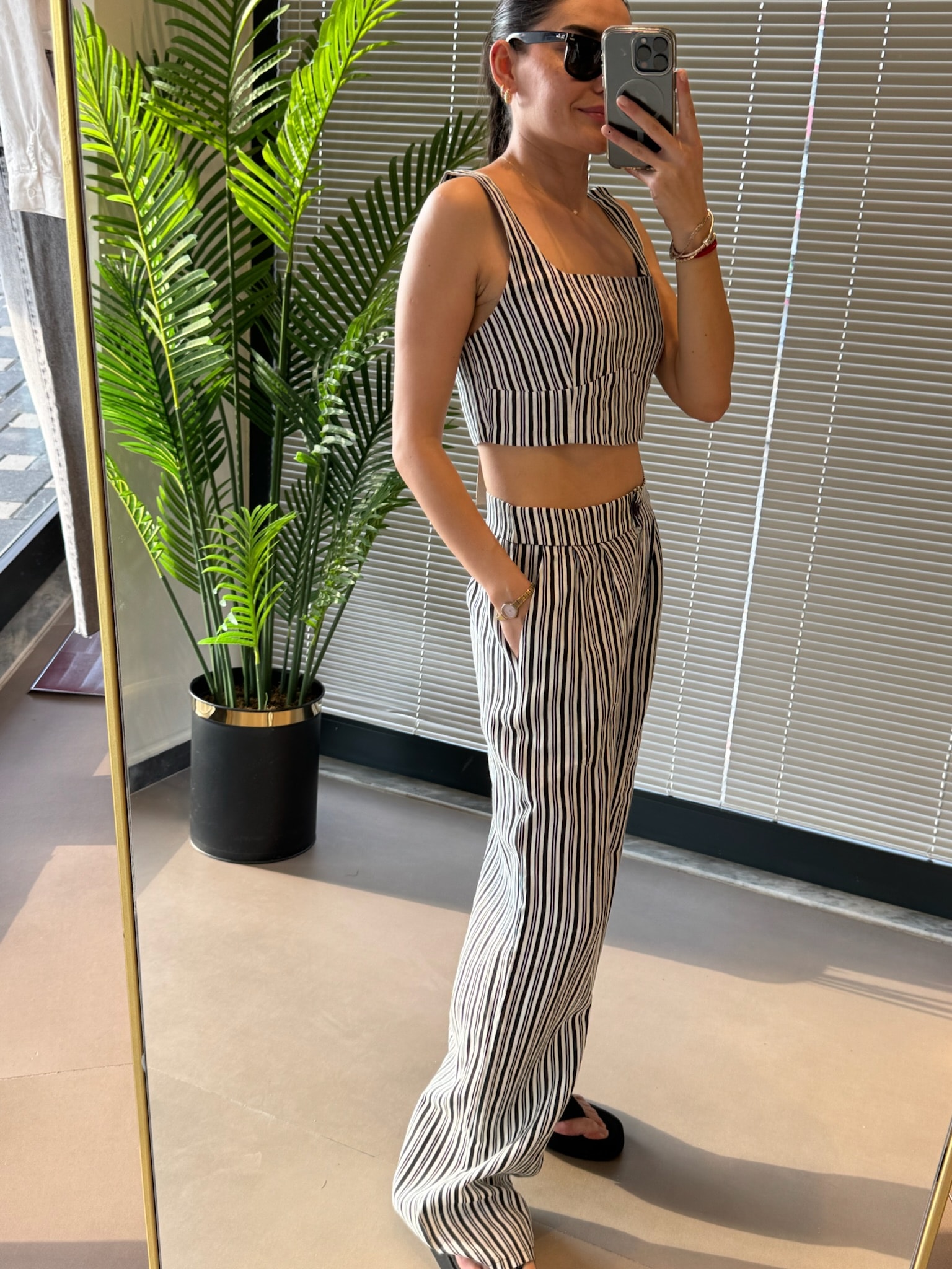 Keten Çizgili Takım | % 100 Linen - siyah