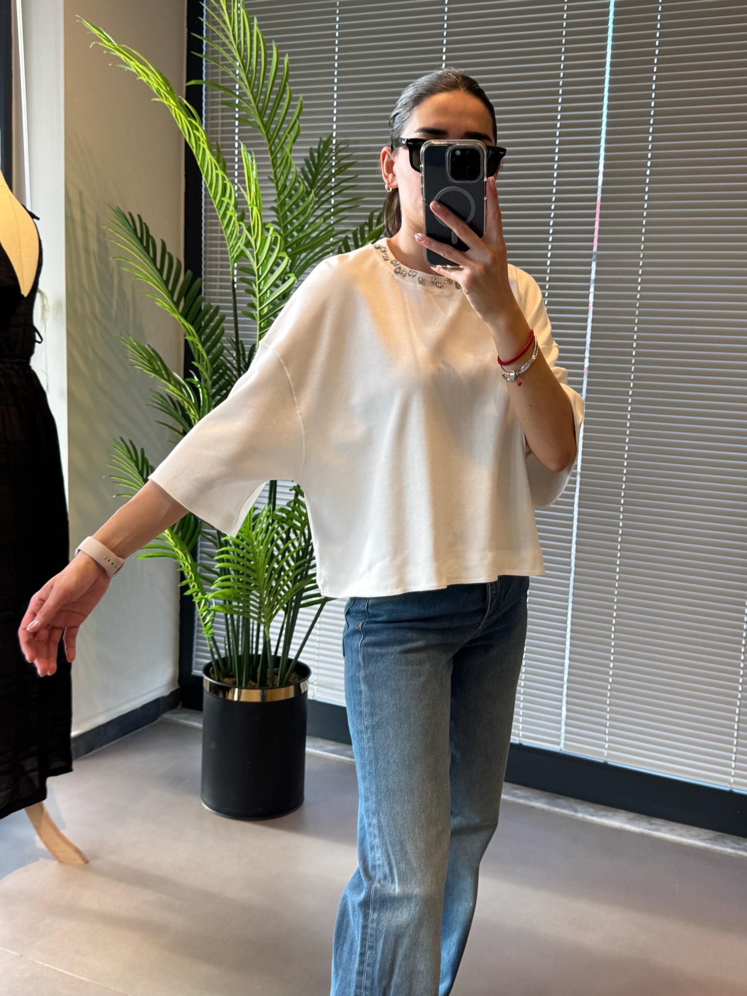 Taş İşlemeli Pamuklu Tshirt-Ekru