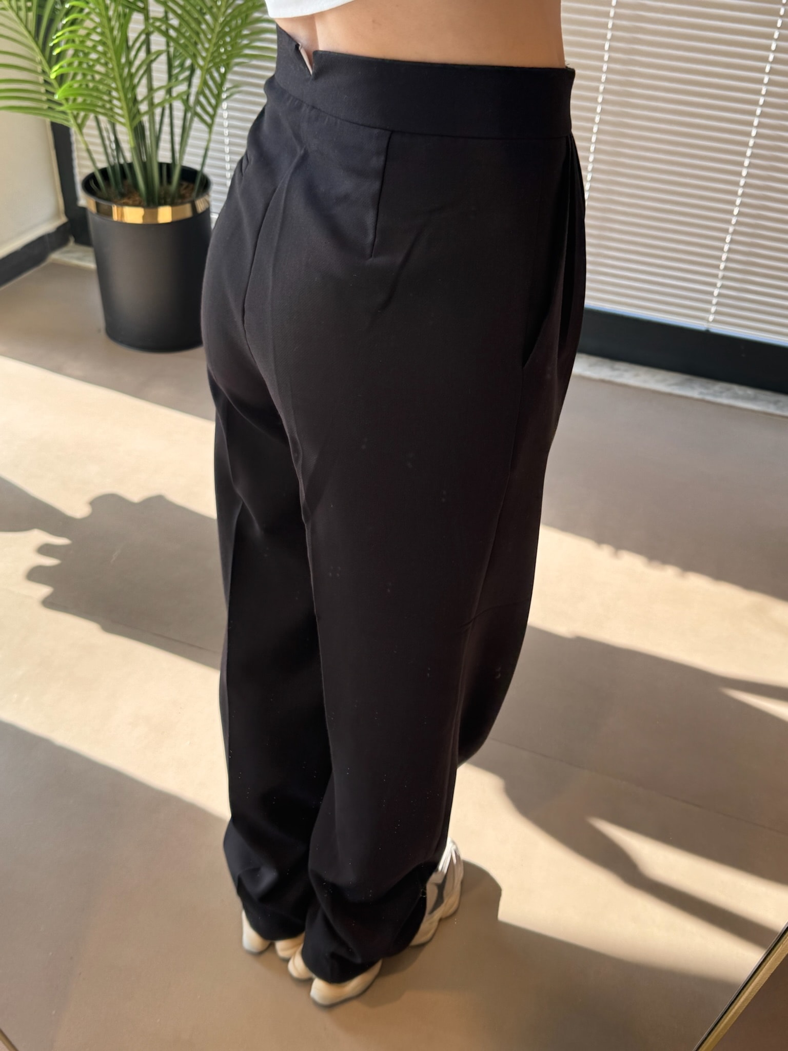 Kumaş Düz Paça Palazzo Pantolon-Siyah