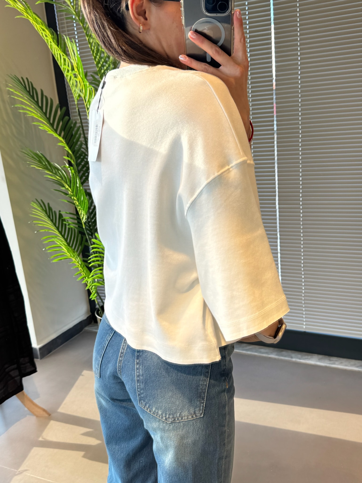 Taş İşlemeli Pamuklu Tshirt-Ekru