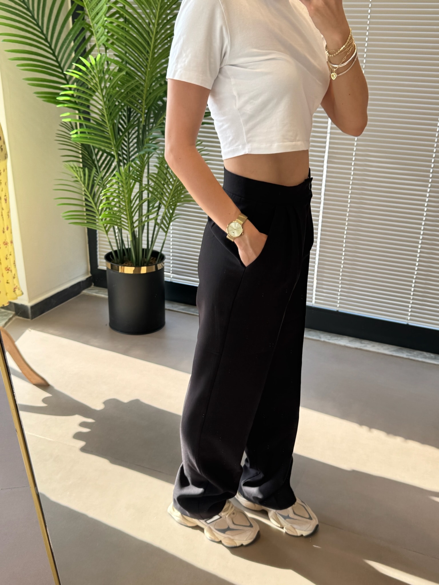 Kumaş Düz Paça Palazzo Pantolon-Siyah