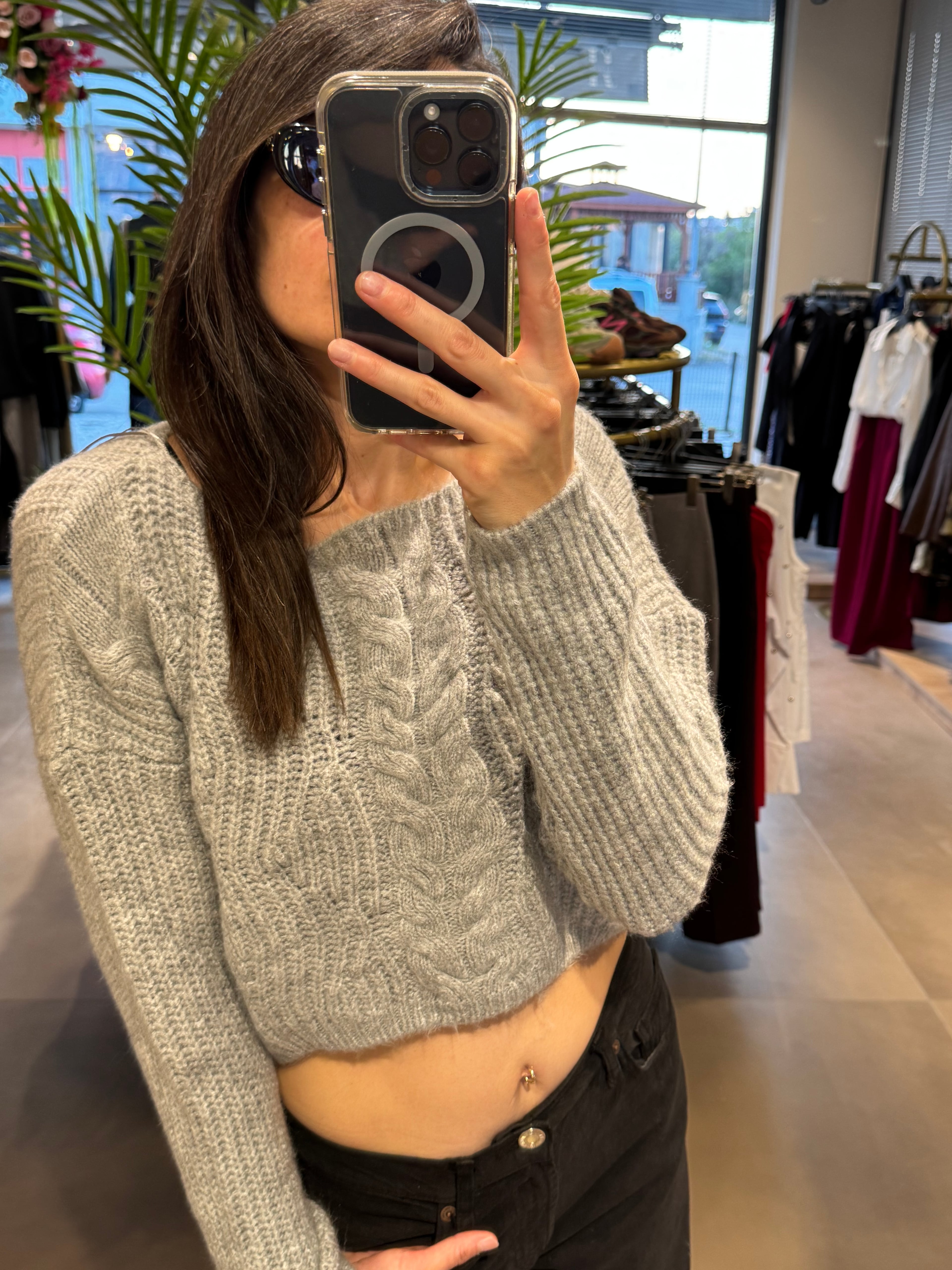 Örgü Detay Kemer Boy Kazak |Gri