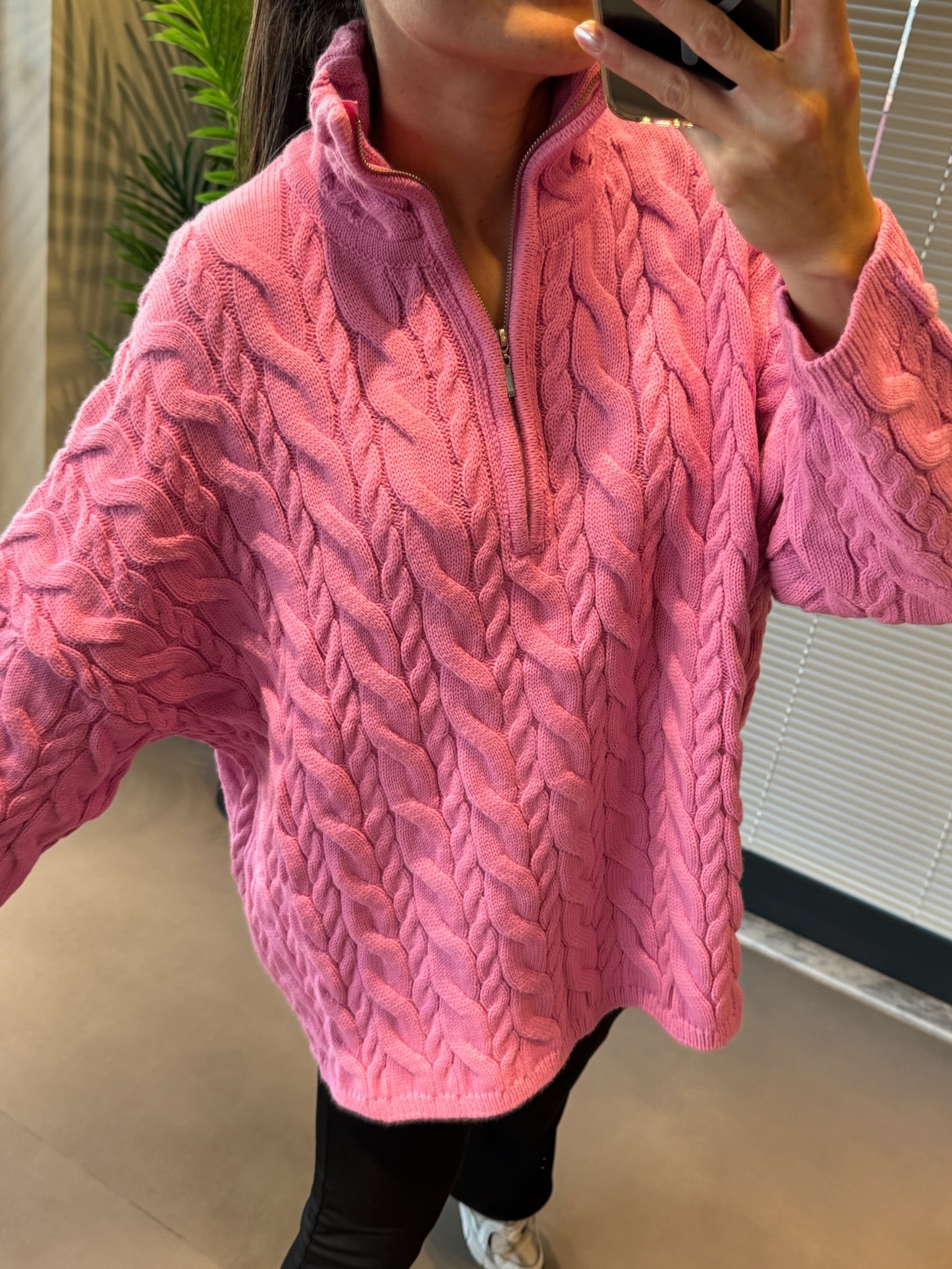 Örgü Fermuar Detaylı Pamuklu Kazak | Pembe