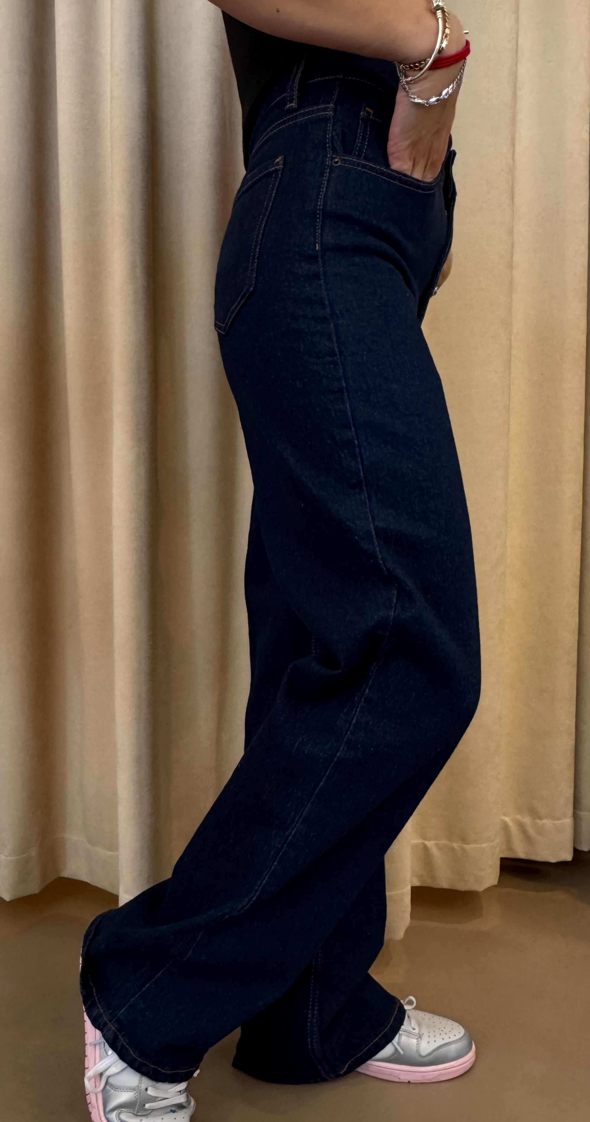 Düz Paça Yüksek Bel Muadil Marka Likralı Koyu Renk Jean